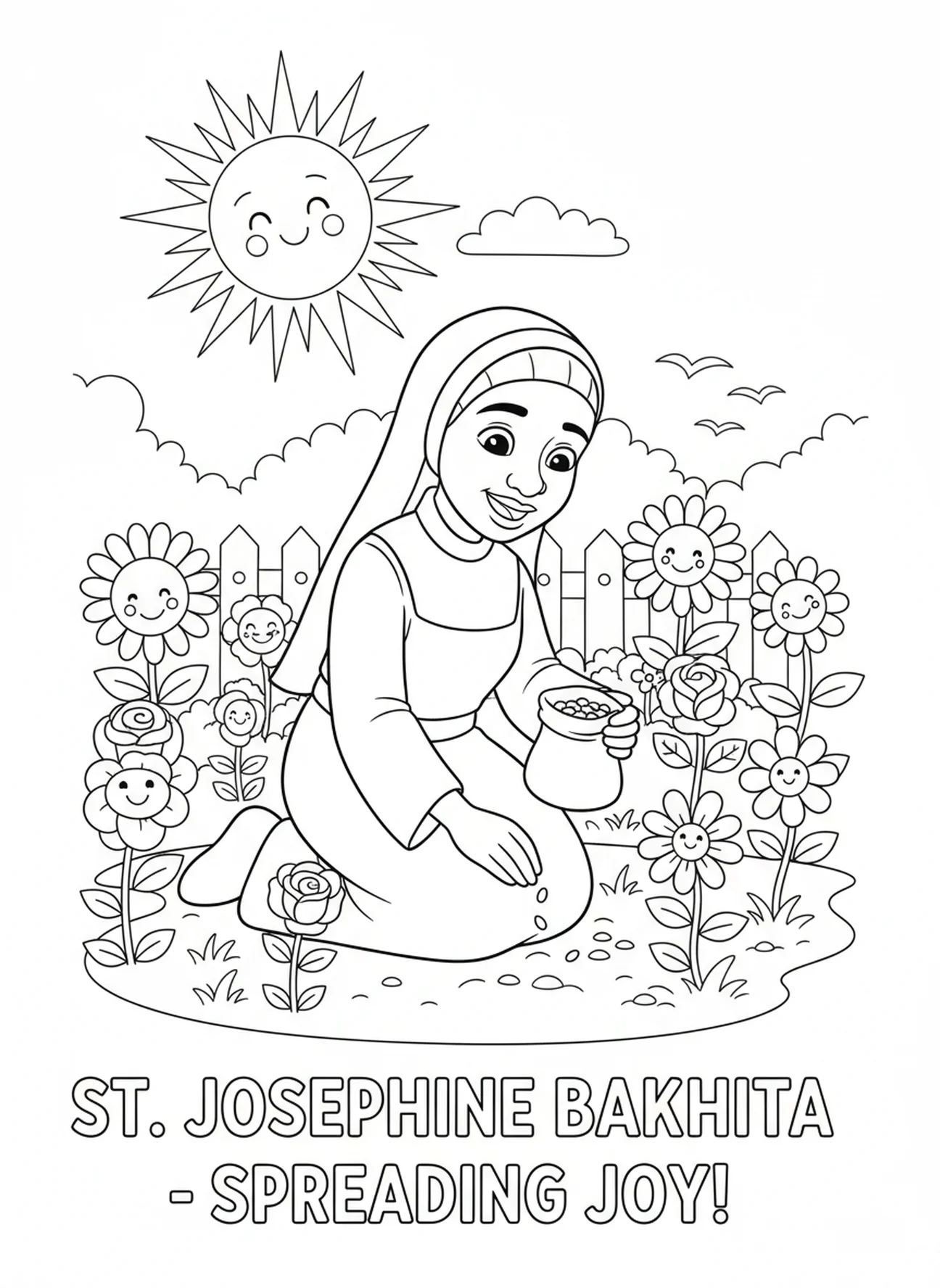 São José Bakhita plantando sementes, página de colorir de São José Bakhita para crianças de 5 a 10 anos.