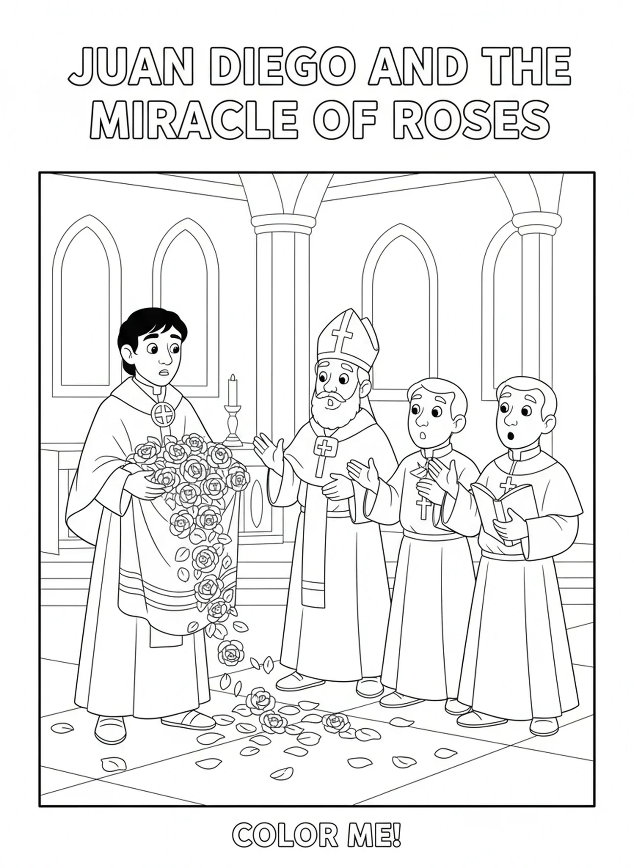 Juan Diego mit Rosen, Ausmalbild von St. Juan Diego für Kinder im Alter von 5-10 Jahren.