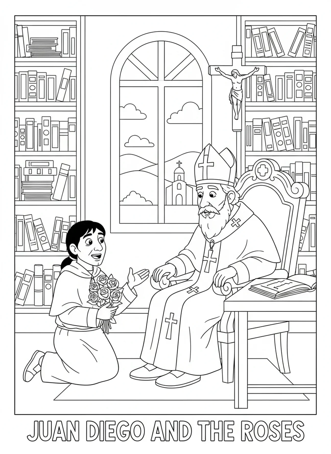 Juan Diego spricht mit dem Bischof, Ausmalbild von St. Juan Diego für Kinder im Alter von 5-10 Jahren.