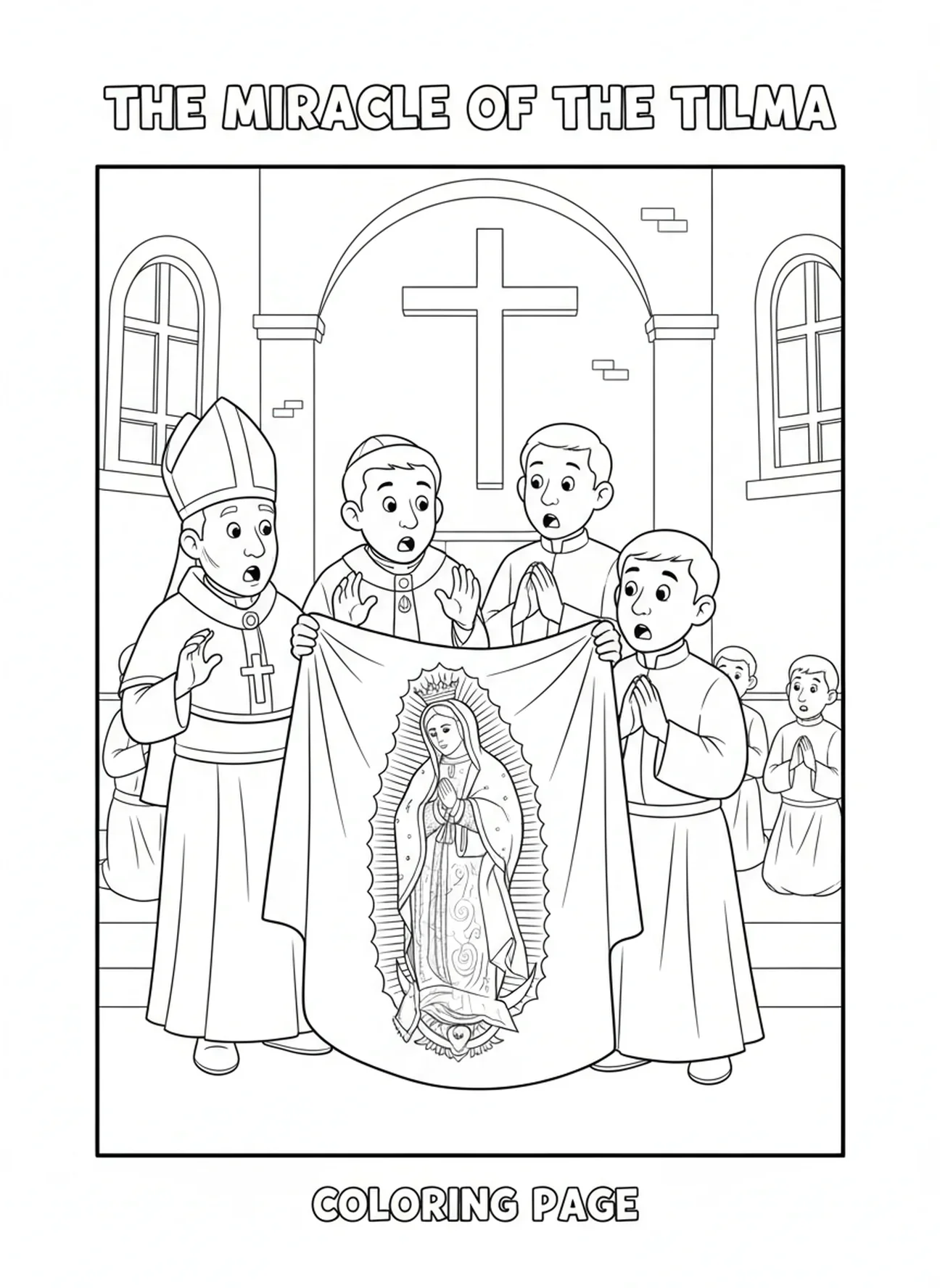 Bischof, der das Bild der Jungfrau Maria betrachtet, Ausmalbild von St. Juan Diego für Kinder im Alter von 5-10 Jahren.