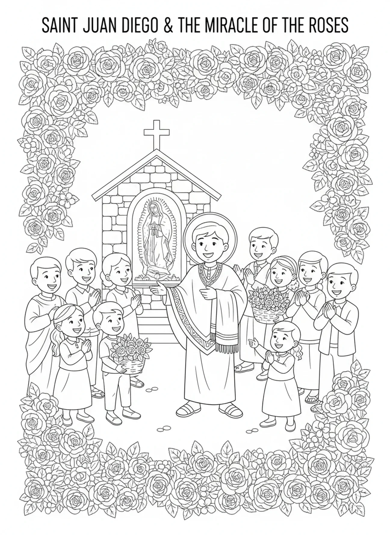 Juan Diego am Schrein, Ausmalbild von St. Juan Diego für Kinder im Alter von 5-10 Jahren.