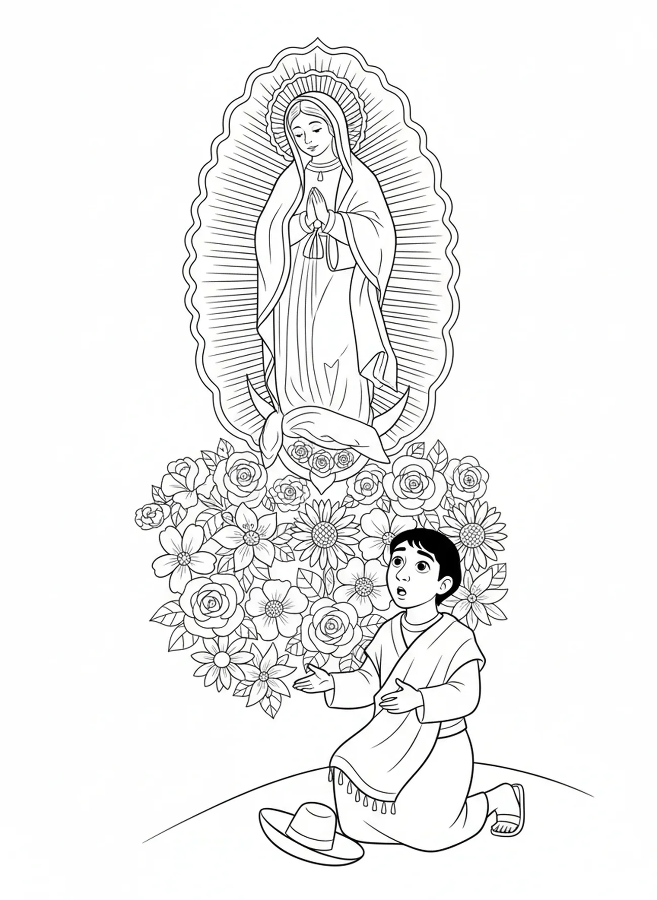 Strahlende Jungfrau Maria, Ausmalbild von St. Juan Diego für Kinder im Alter von 5-10 Jahren.