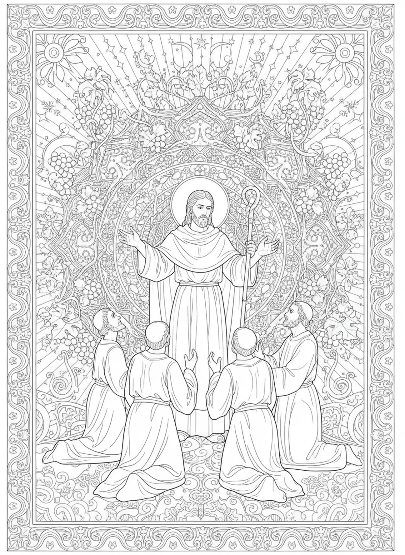 Saint Jude Thaddée appelant ses disciples, page à colorier Saint Jude Thaddée pour adultes dans un style de journal biblique.