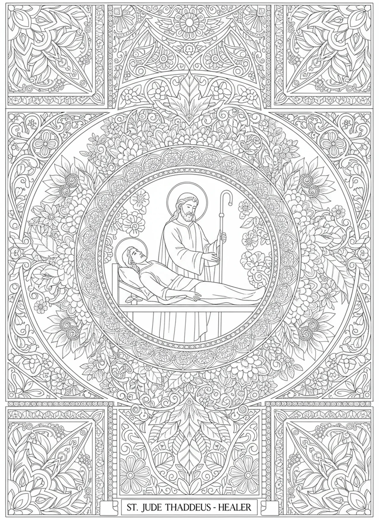 Saint Jude Thaddée guérissant les malades, page à colorier Saint Jude Thaddée pour adultes dans le style du journal biblique.