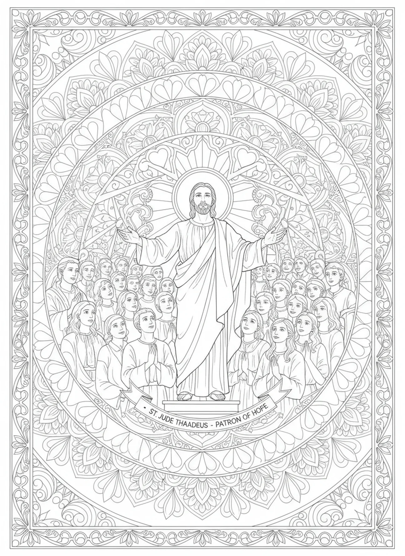 Saint Jude Thaddée inspirant la foi, page à colorier Saint Jude Thaddée pour adultes dans le style du journal biblique.