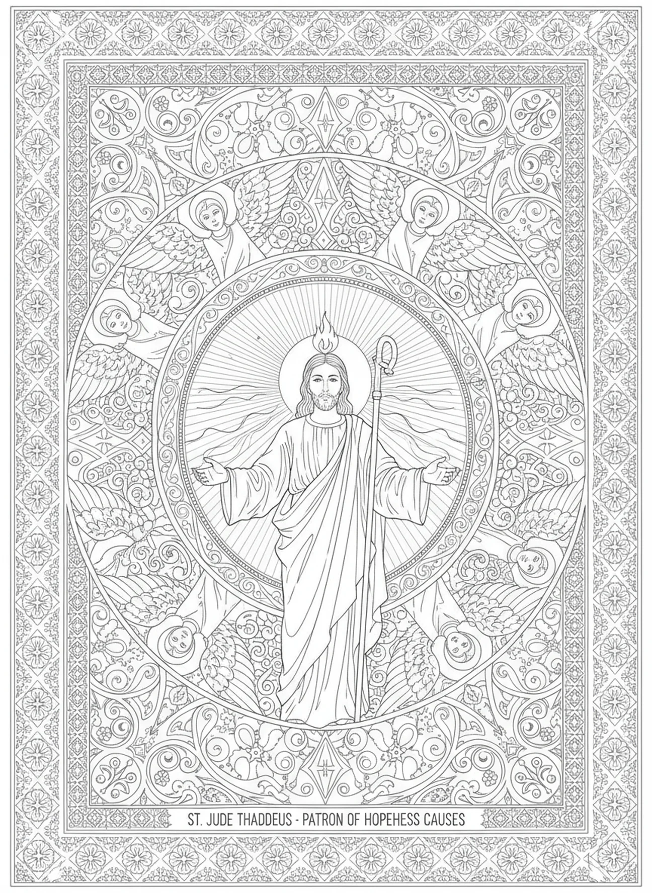 Saint Jude Thaddée réalisant des miracles, page à colorier Saint Jude Thaddée pour adultes dans un style de journal biblique.