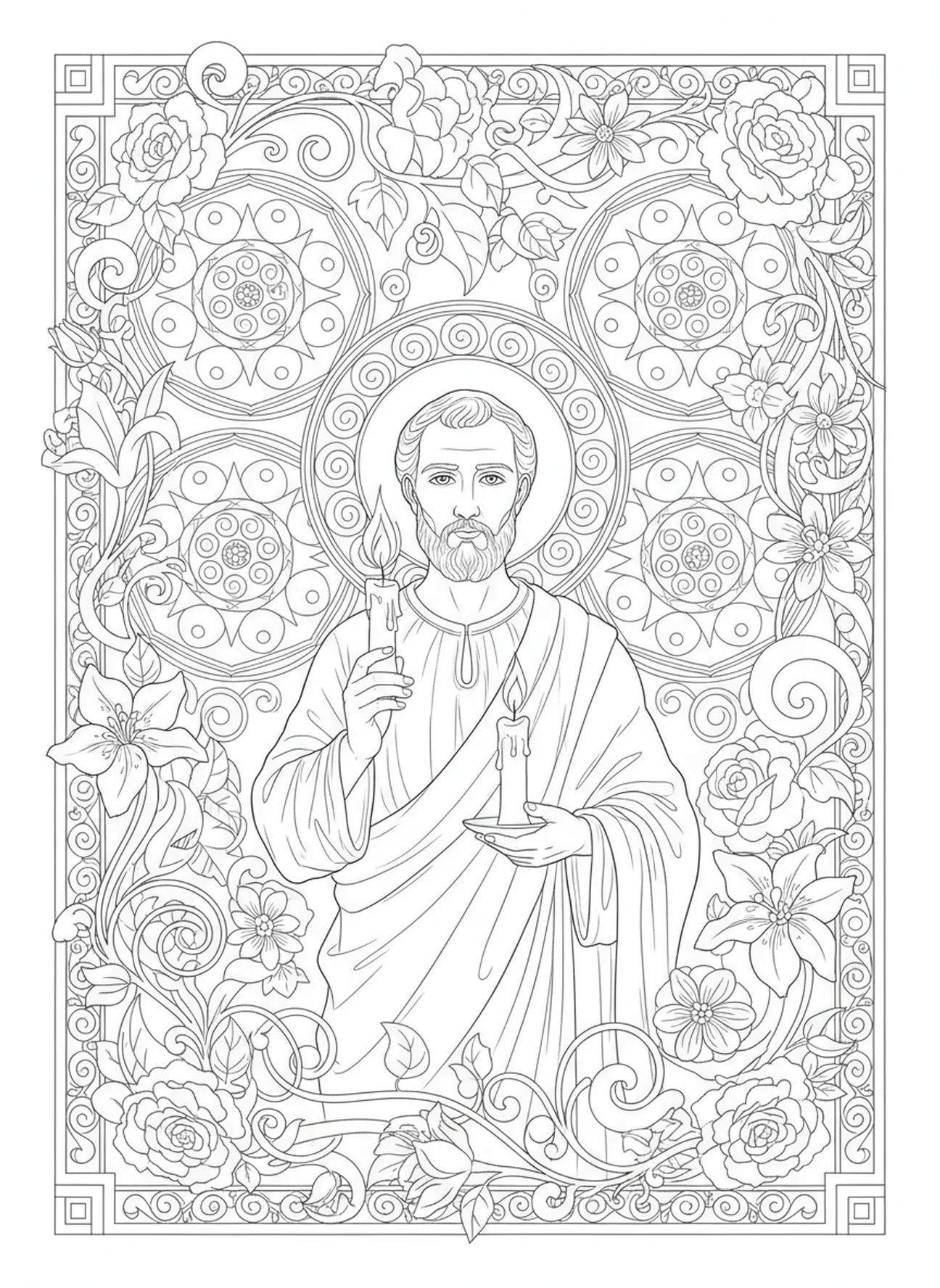 Saint Jude Thaddée tenant une bougie, page à colorier Saint Jude Thaddée pour adultes dans un style de journal biblique.