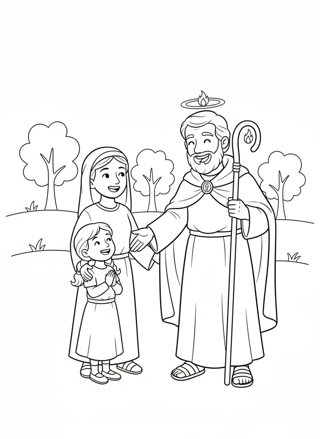 San Judas Tadeo ayudando a una niña, página para colorear de San Judas Tadeo para niños de 5 a 10 años.