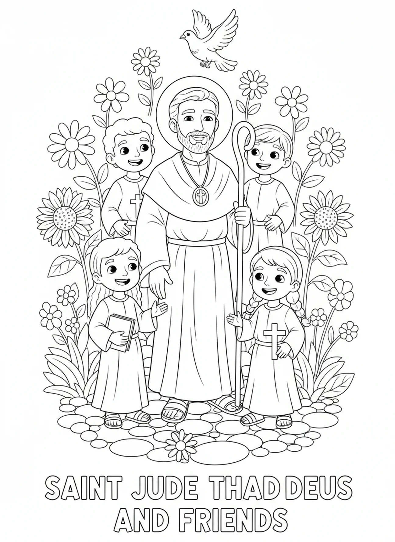 San Judas Tadeo con discípulos, página para colorear de San Judas Tadeo para niños de 5 a 10 años.