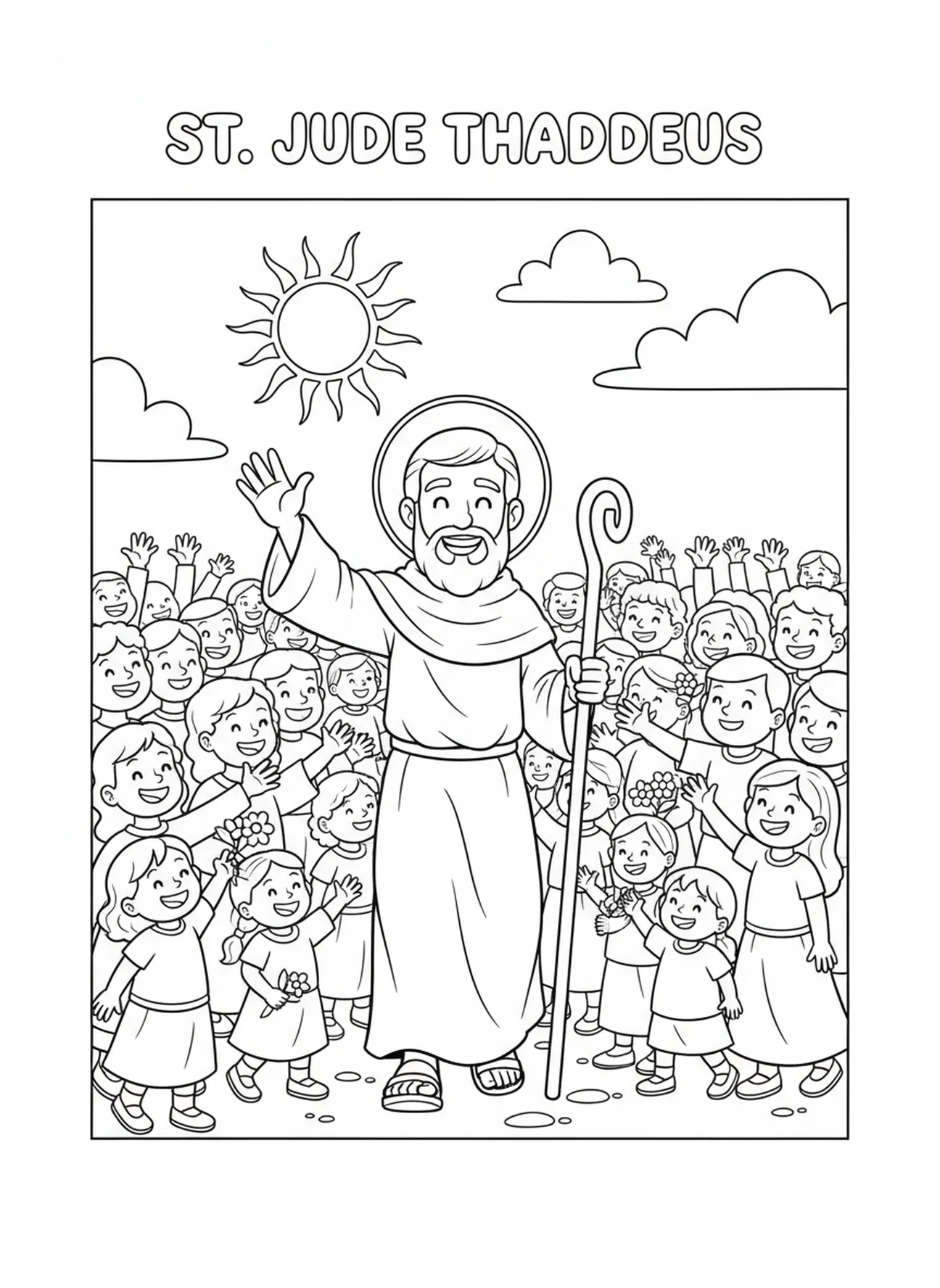 San Judas Tadeo entre la gente, página para colorear de San Judas Tadeo para niños de 5 a 10 años.
