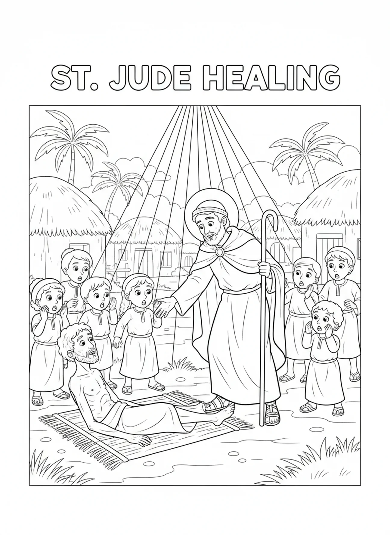San Judas Tadeo sanando a un hombre, página para colorear de San Judas Tadeo para niños de 5 a 10 años.