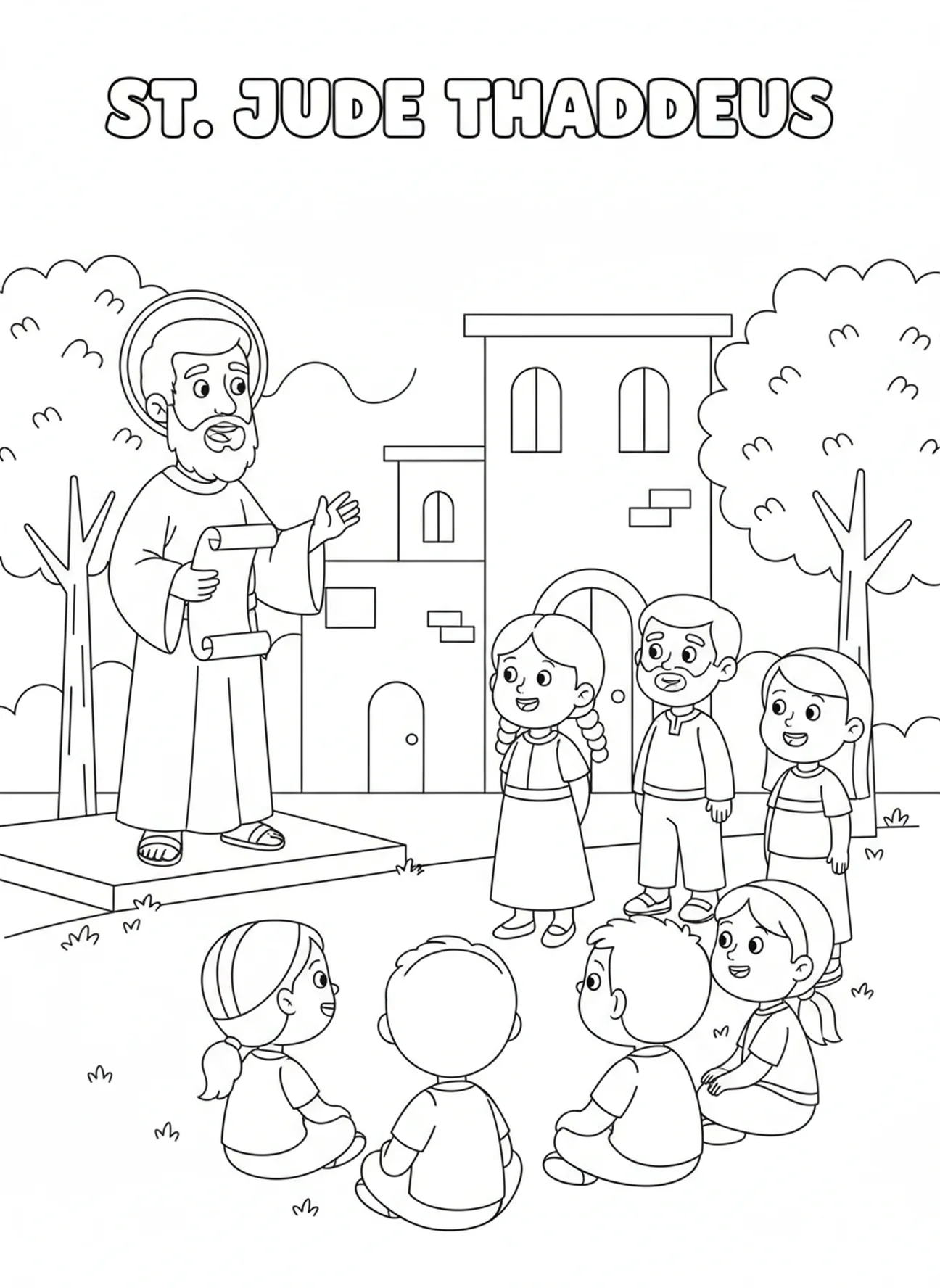 San Judas Tadeo enseñando a una multitud, página para colorear de San Judas Tadeo para niños de 5 a 10 años.