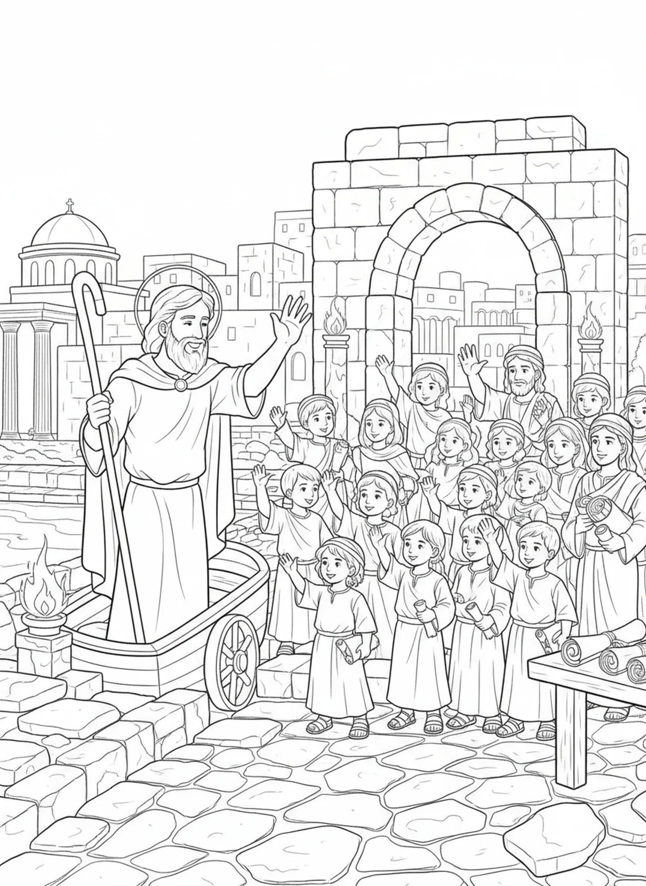 Saint Jude faisant ses adieux aux enfants, page à colorier de Saint Jude Thaddée pour les enfants de l'École du dimanche âgés de 5 à 12 ans