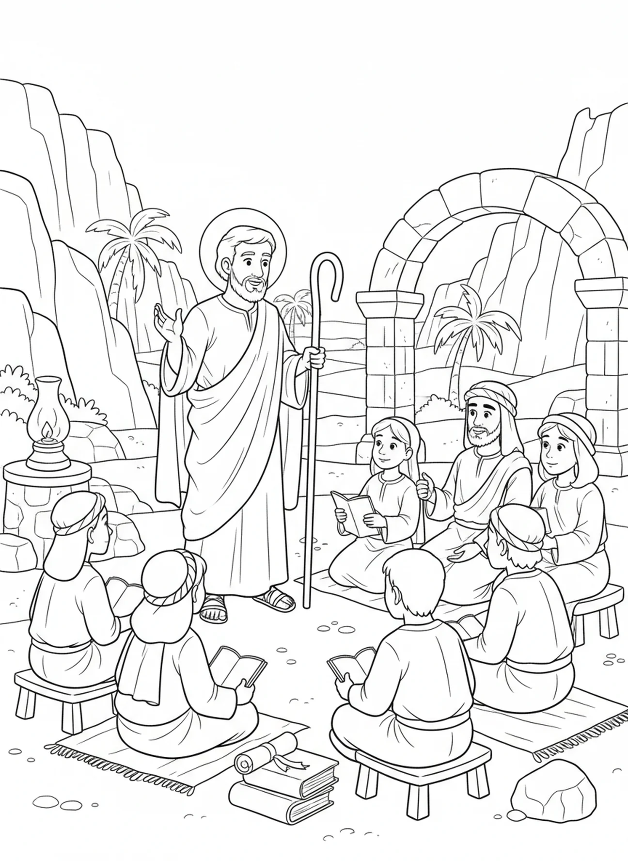 Groupe discutant de la foi avec Saint Jude, page à colorier Saint Jude Thaddée pour les enfants de l'École du dimanche âgés de 5 à 12 ans