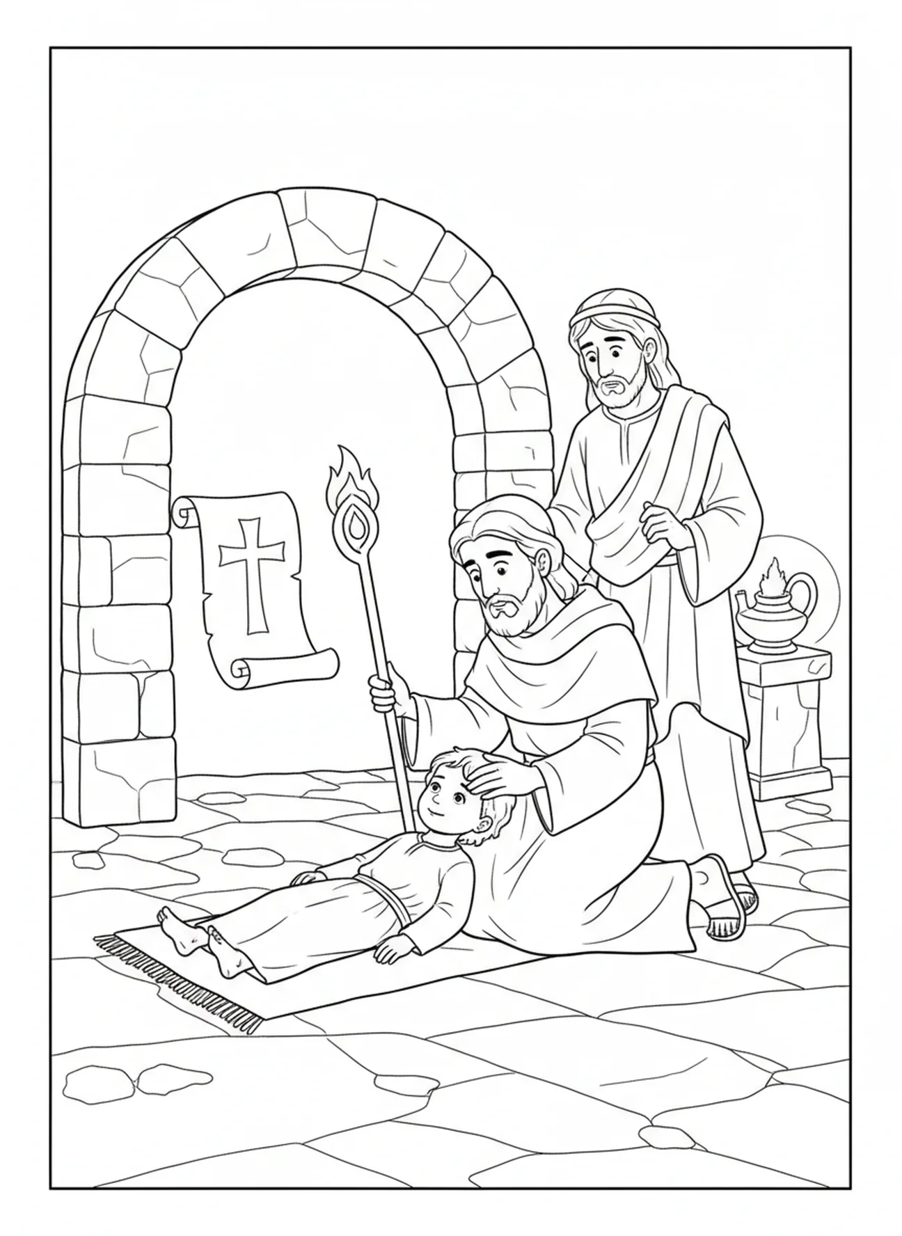 Saint Jude guérissant un enfant, page à colorier de Saint Jude Thaddée pour les enfants de l'École du dimanche âgés de 5 à 12 ans