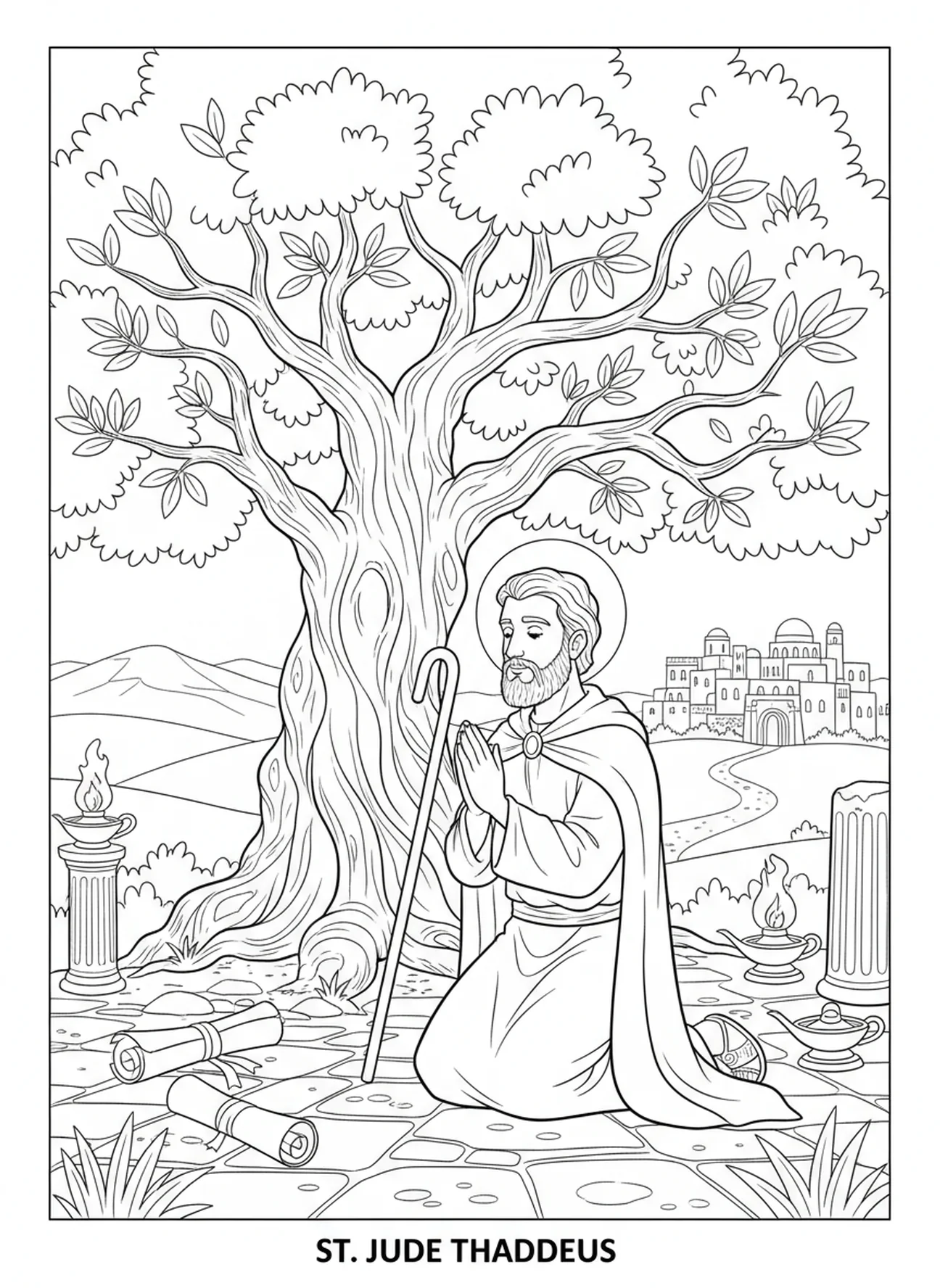 Saint Jude priant sous un olivier, page à colorier de Saint Jude Thaddée pour les enfants de l'École du dimanche âgés de 5 à 12 ans