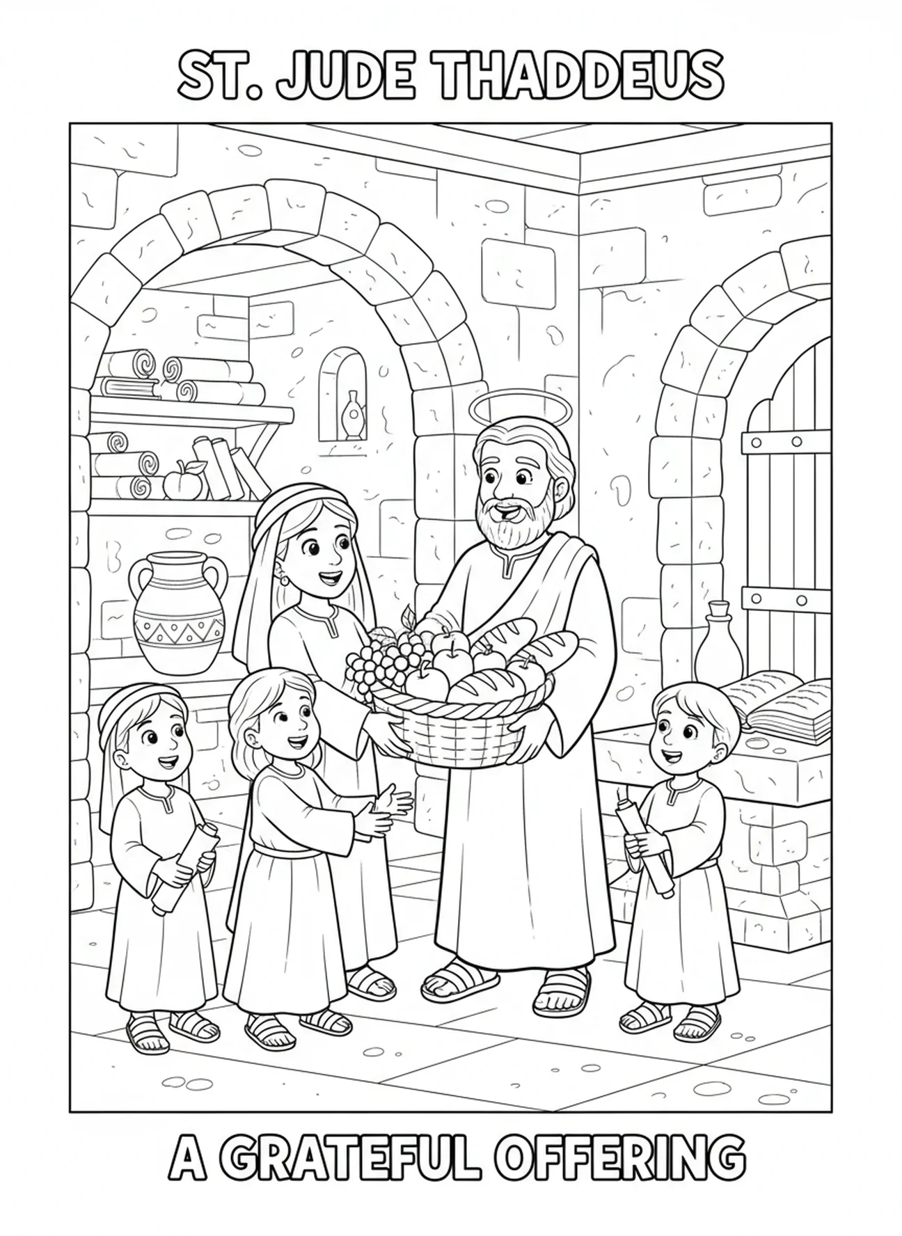 Famille présentant des fruits à Saint Jude, page à colorier de Saint Jude Thaddée pour les enfants de l'École du dimanche âgés de 5 à 12 ans