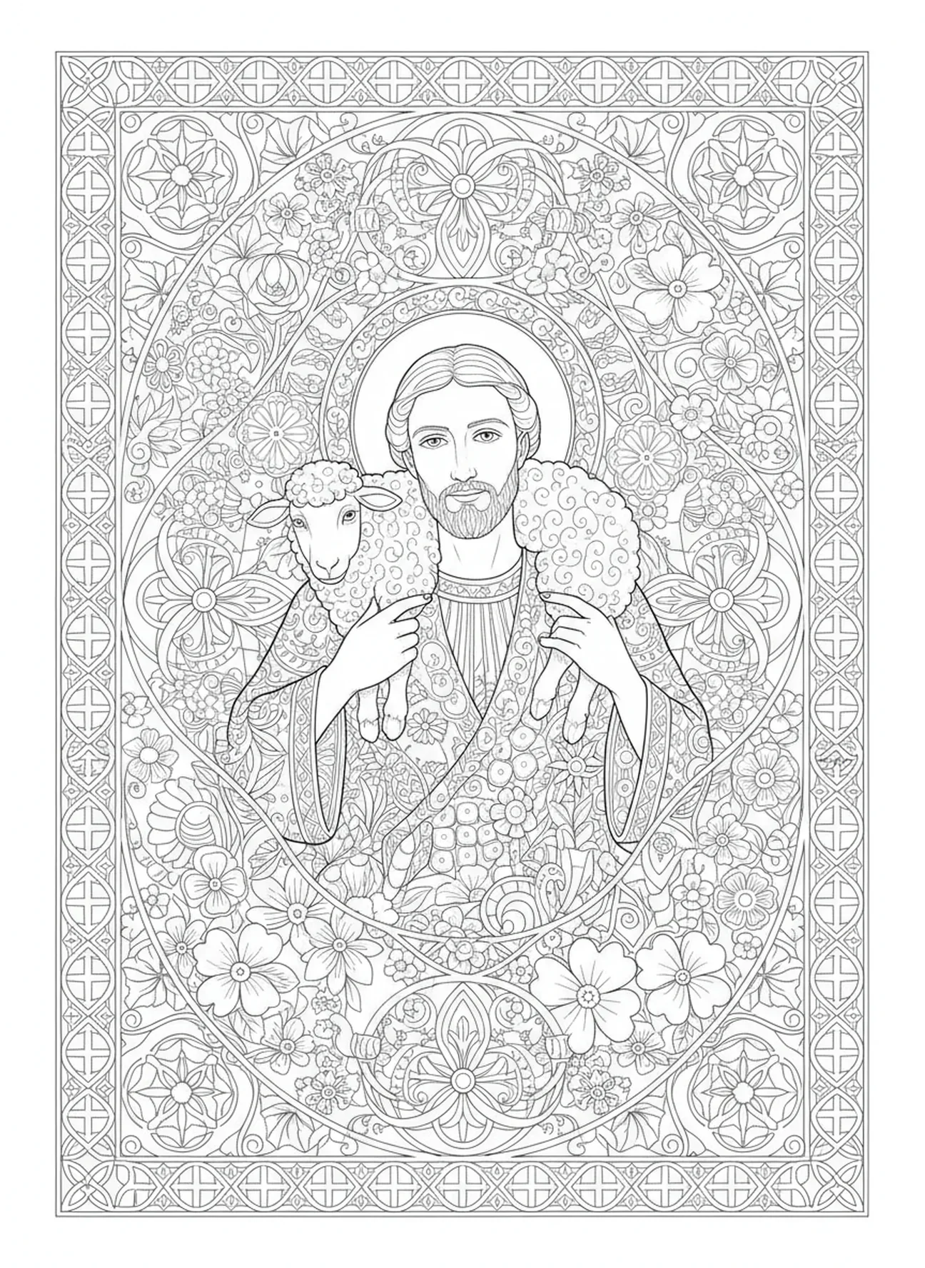 San Judas con la oveja perdida, página para colorear de San Judas estilo journaling bíblico para adultos