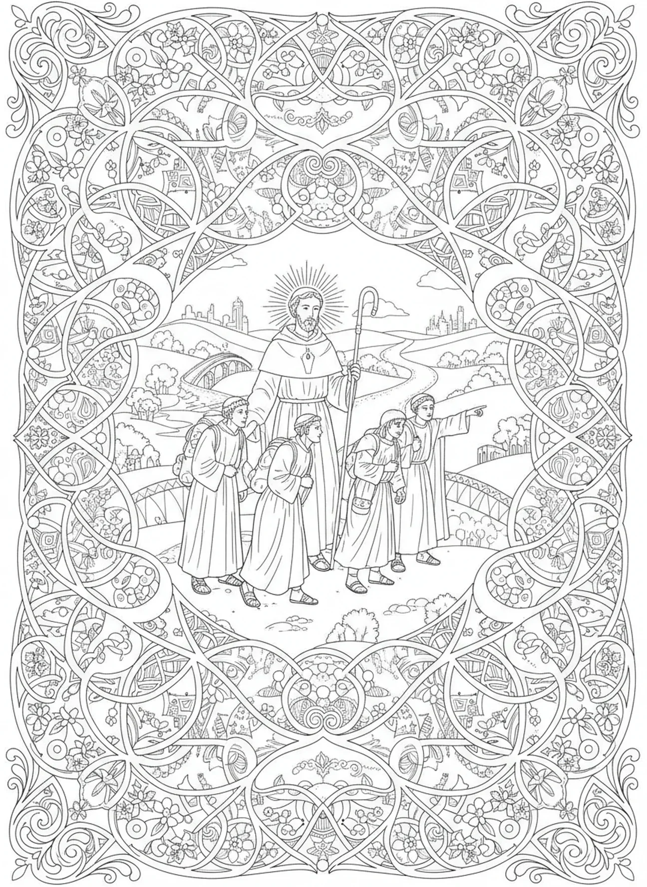 San Judas ayudando a los viajeros, página para colorear de San Judas estilo journaling bíblico para adultos