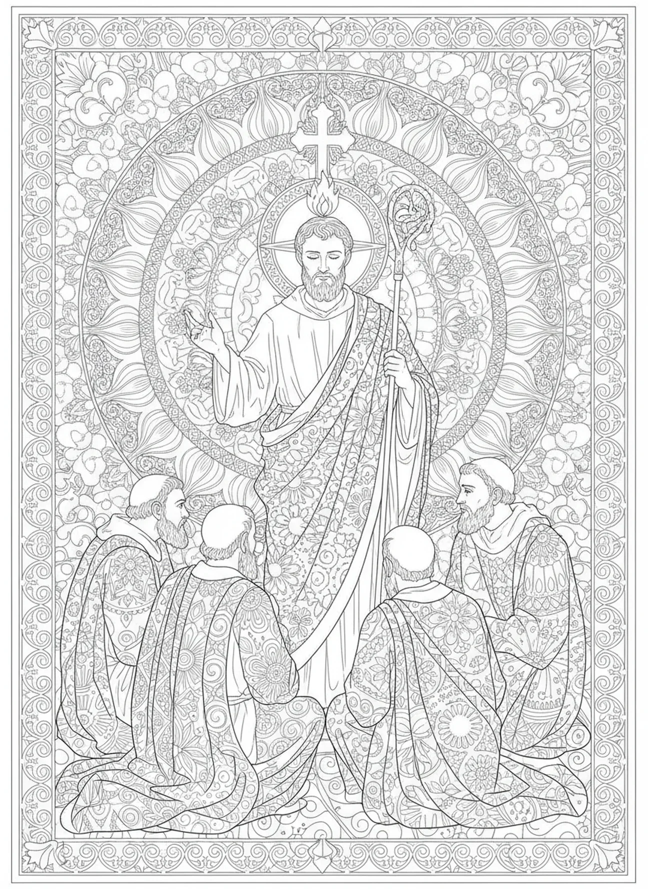 San Judas animando a los discípulos, página para colorear de San Judas estilo journaling bíblico para adultos