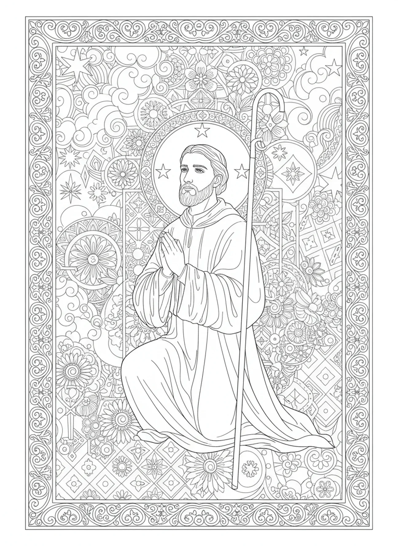 San Judas en oración, página para colorear de San Judas para adultos estilo diario bíblico