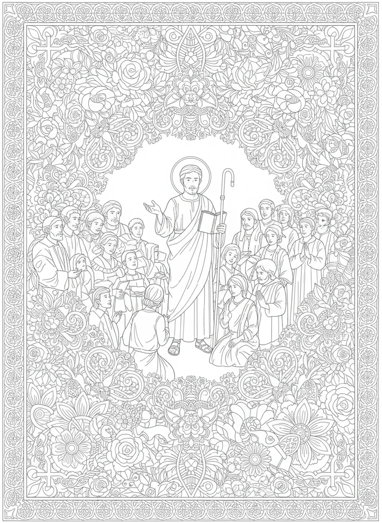 San Judas predicando, página para colorear de San Judas estilo journaling bíblico para adultos