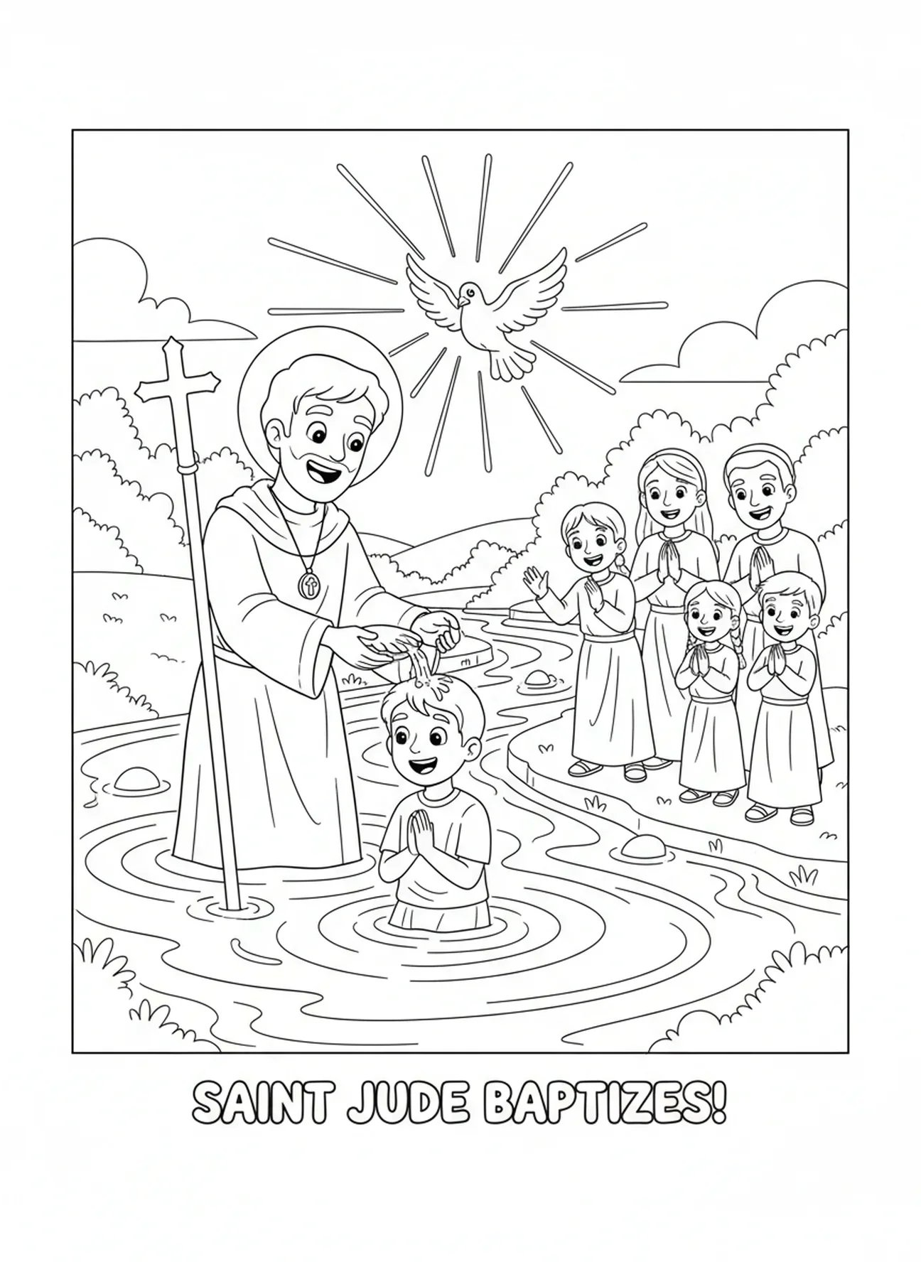 Der heilige Judas tauft im Fluss, Ausmalbild von St. Judas für Kinder im Alter von 5-10 Jahren.