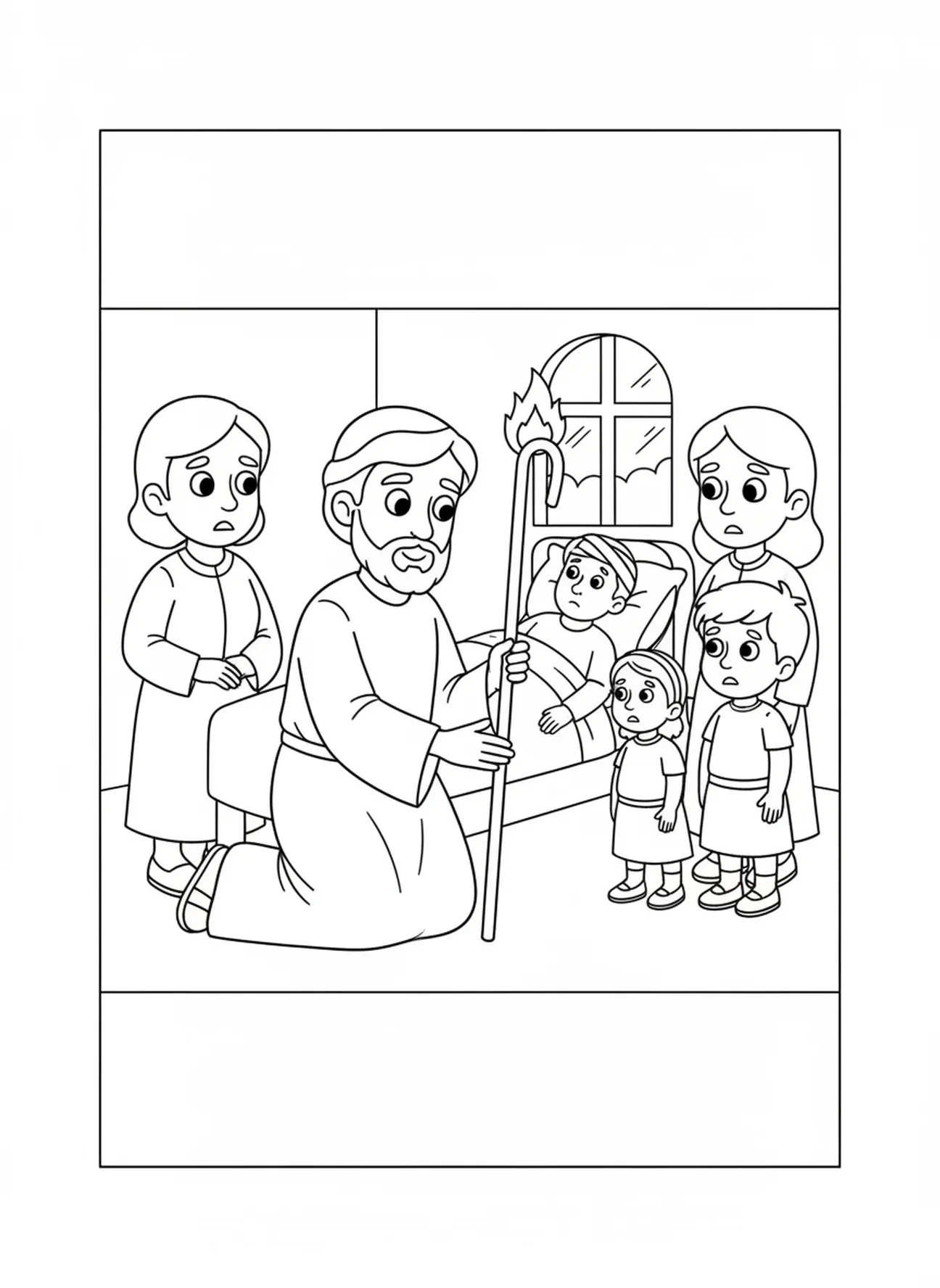 Der heilige Judas hilft einer kranken Person, Ausmalbild für Kinder im Alter von 5-10 Jahren.