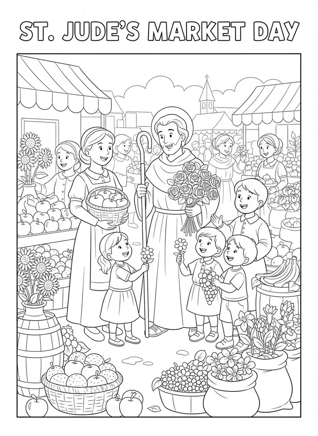 Der heilige Judas im Markt, Ausmalbild für Kinder im Alter von 5-10 Jahren.