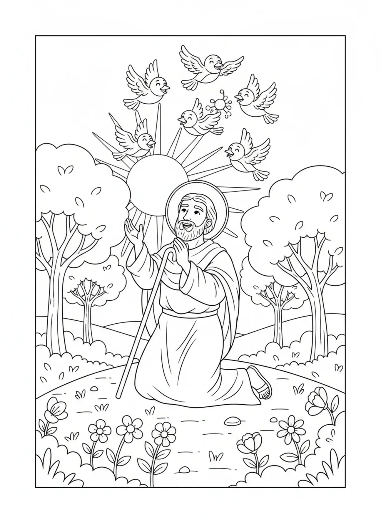 Der heilige Judas betet in der Natur, Ausmalbild von St. Judas für Kinder im Alter von 5-10 Jahren.