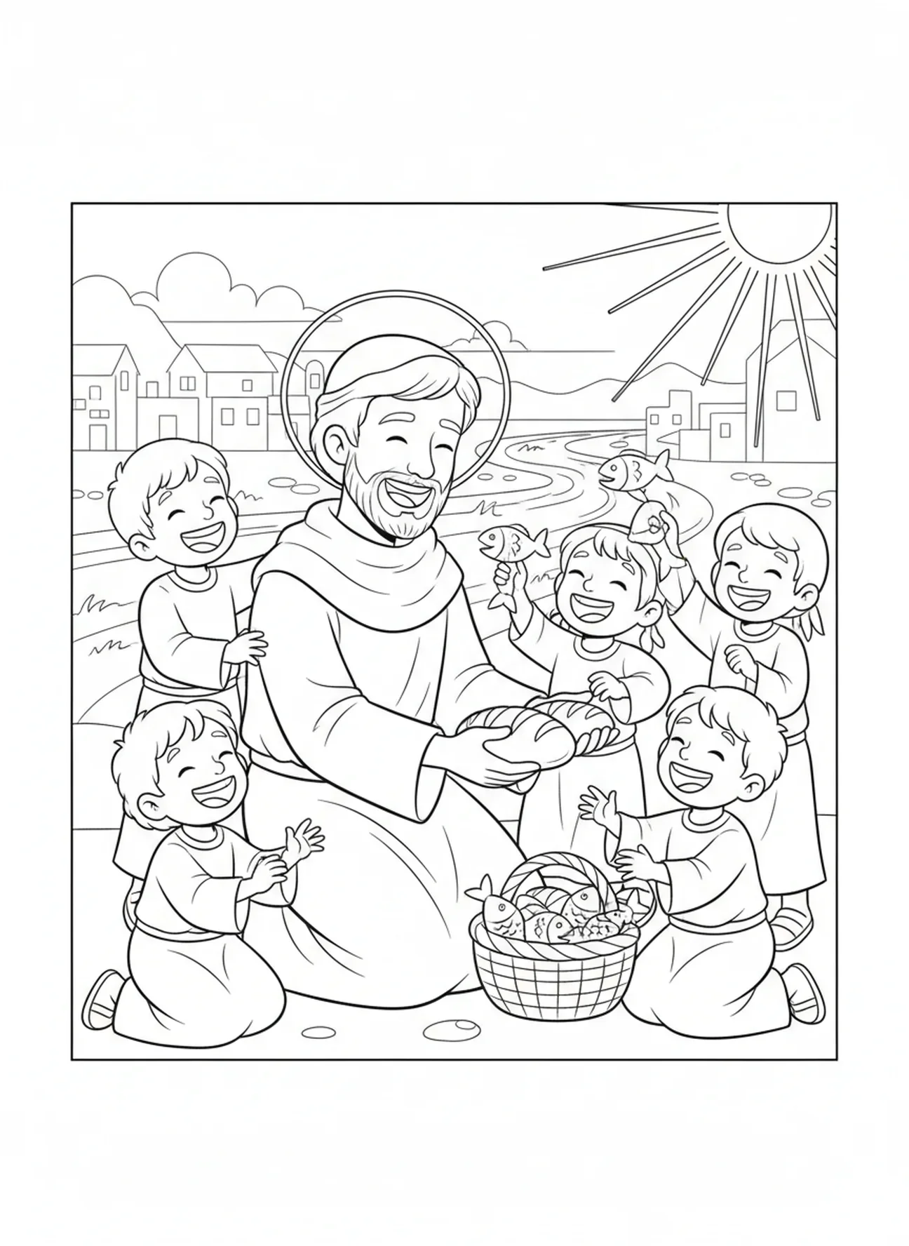Der heilige Judas teilt Essen mit Kindern, Ausmalbild von St. Judas für Kinder im Alter von 5-10 Jahren.
