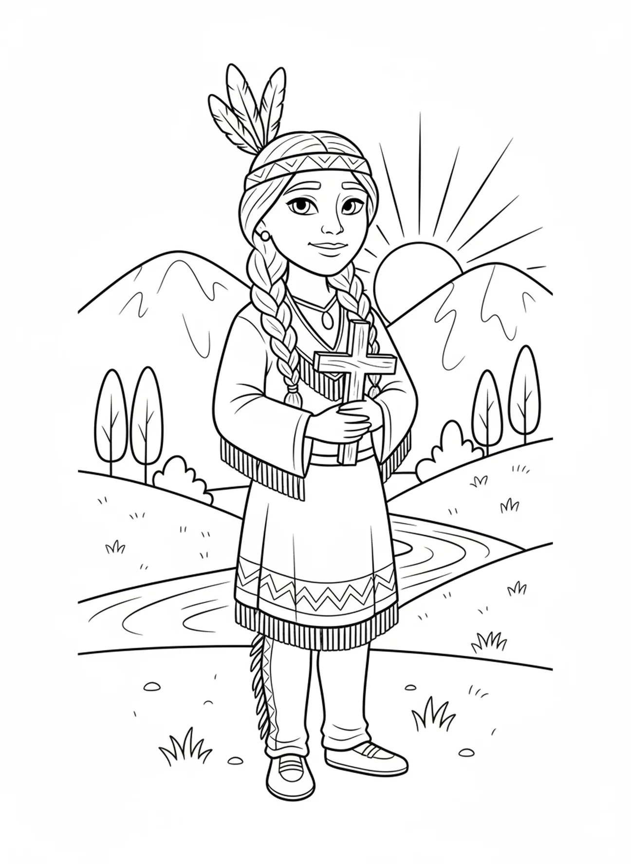 Św. Kateri trzymająca drewniany krzyż, kolorowanka ze Św. Kateri dla dzieci w wieku 5-10 lat