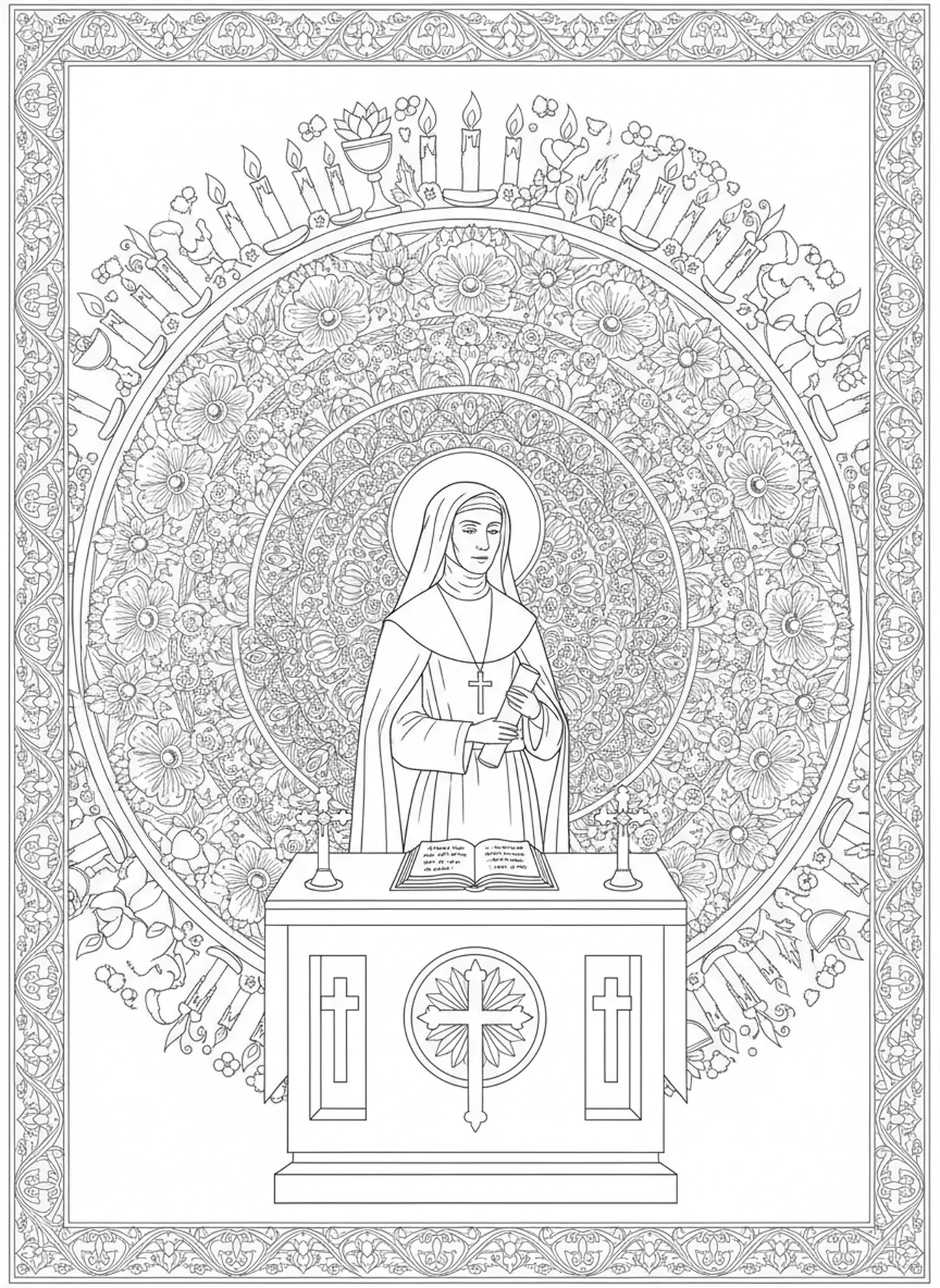 Sainte Catherine Drexel lors de la cérémonie de dédicace, page à colorier Sainte Catherine Drexel pour le style de journal biblique pour adultes
