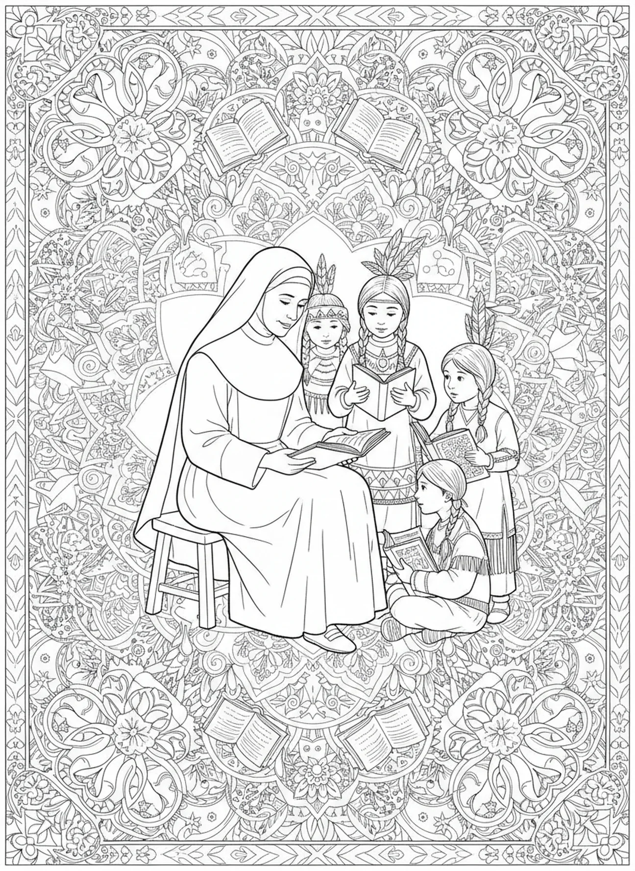 Sainte Catherine Drexel enseignant, page à colorier Sainte Catherine Drexel pour adultes dans le style du journal biblique