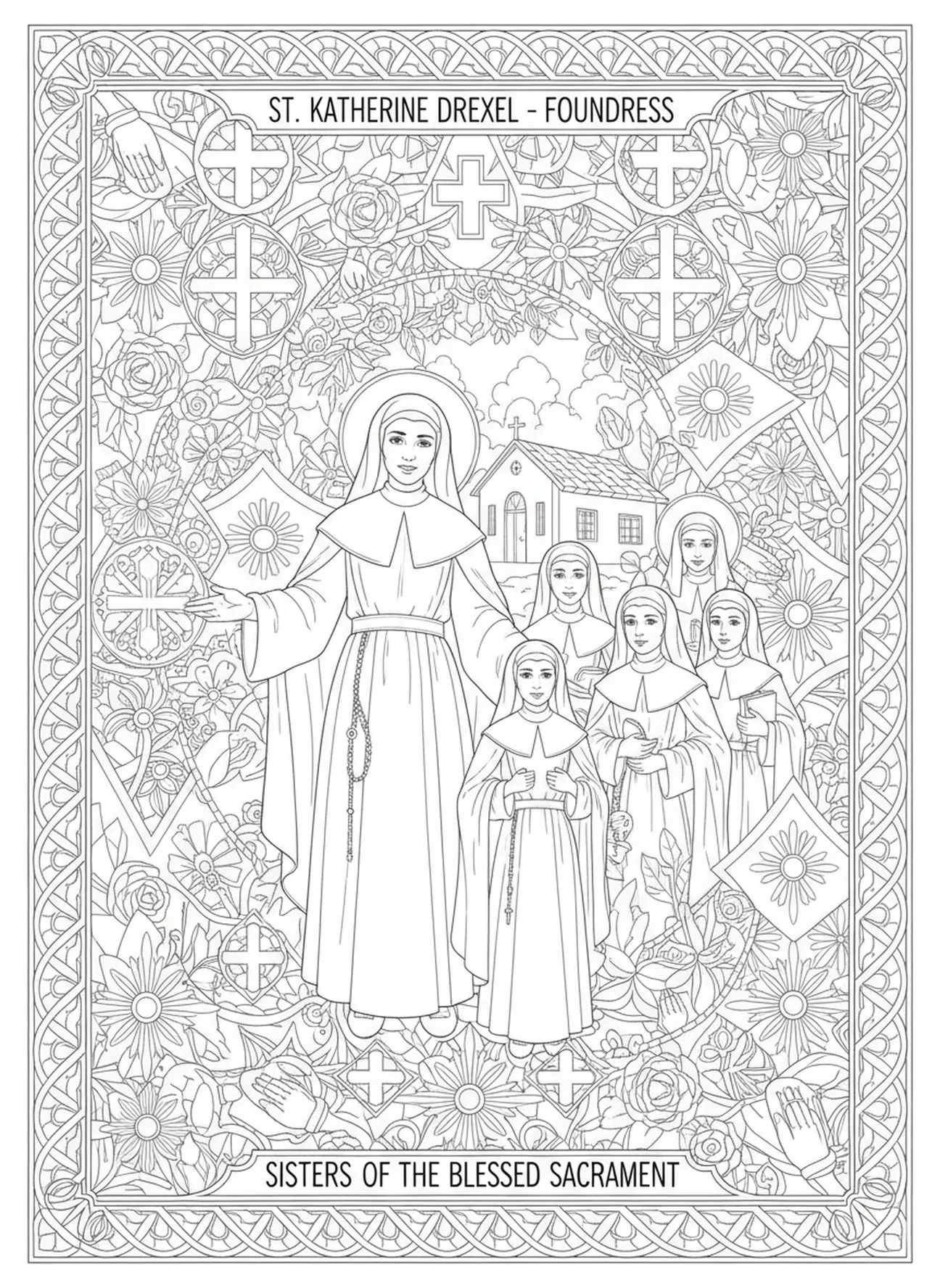 Sœurs fondatrices du Saint-Sacrement, page à colorier de Sainte Katherine Drexel pour le journal biblique des adultes