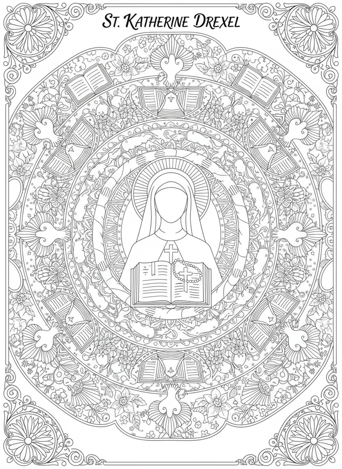 L'héritage de Sainte Catherine Drexel, page à colorier Sainte Catherine Drexel pour adultes dans le style de journal biblique