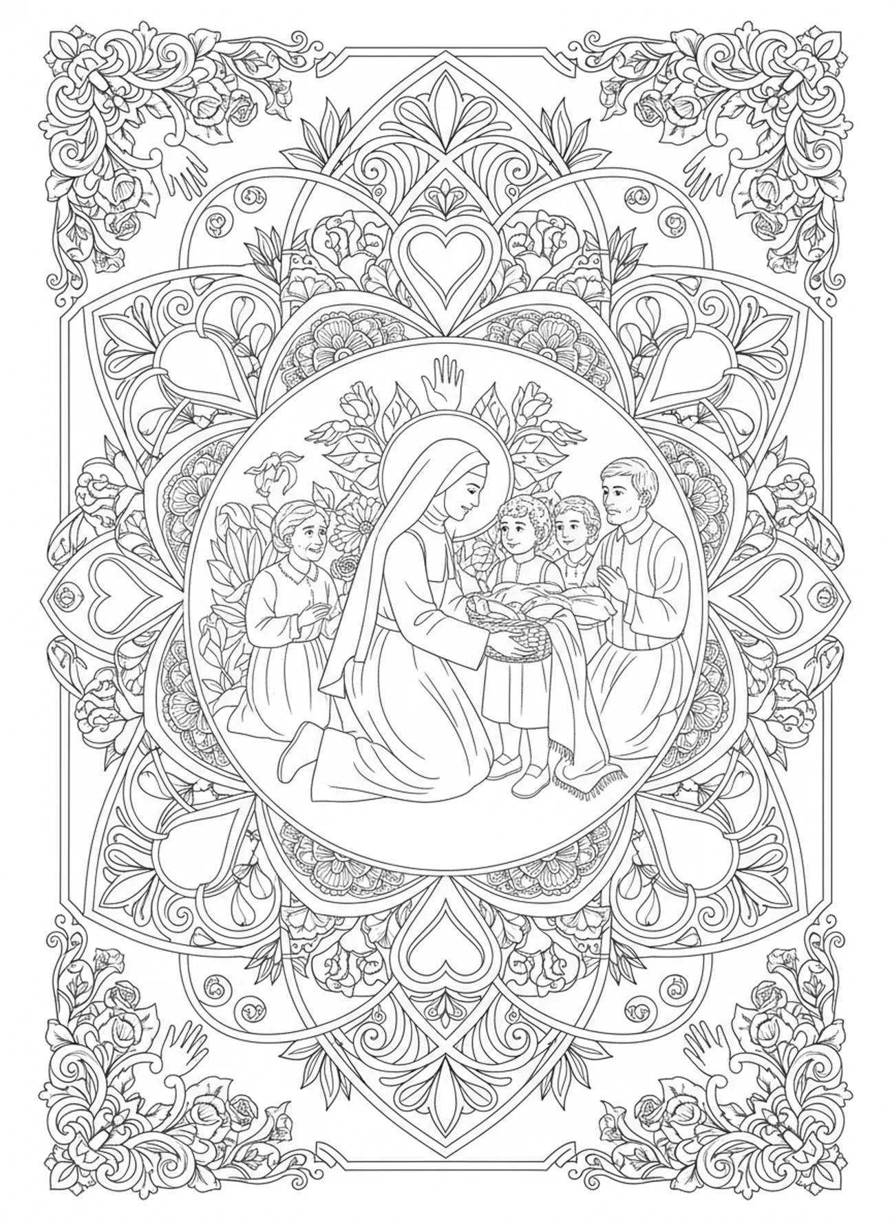 Sainte Catherine Drexel aidant les nécessiteux, page à colorier Sainte Catherine Drexel pour le journal biblique style adulte