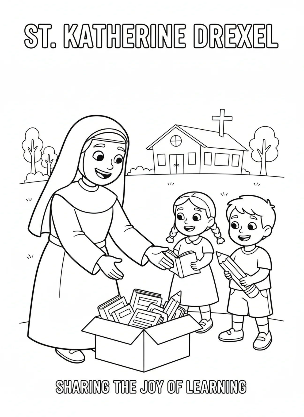 St. Katharina Drexel spendet Schulmaterialien, Ausmalbild von St. Katharina Drexel für Kinder im Alter von 5-10 Jahren.