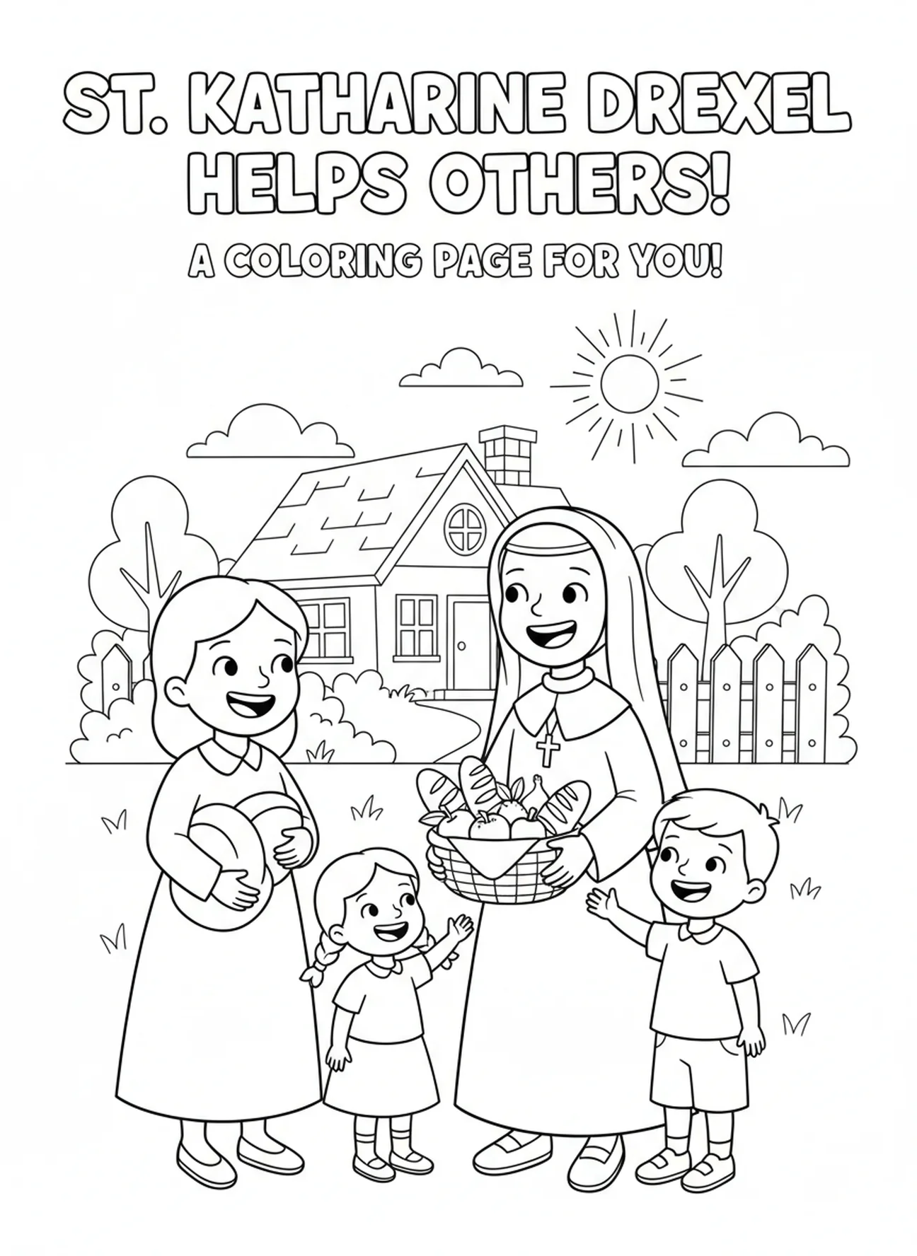 Hl. Katharina Drexel hilft einer Familie, Ausmalbild von Hl. Katharina Drexel für Kinder im Alter von 5-10 Jahren.