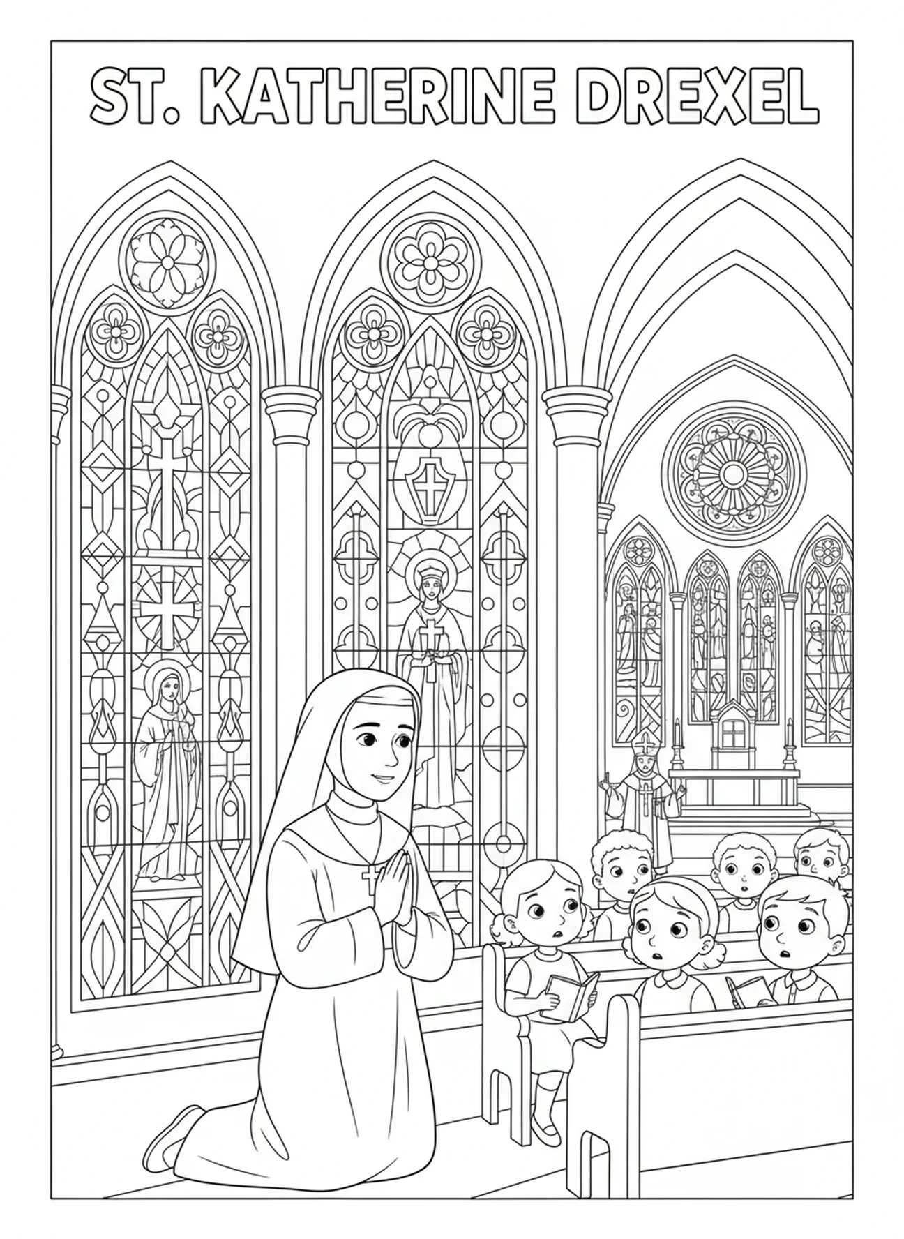 St. Katharina Drexel betet in der Kirche, Ausmalbild von St. Katharina Drexel für Kinder im Alter von 5-10 Jahren.