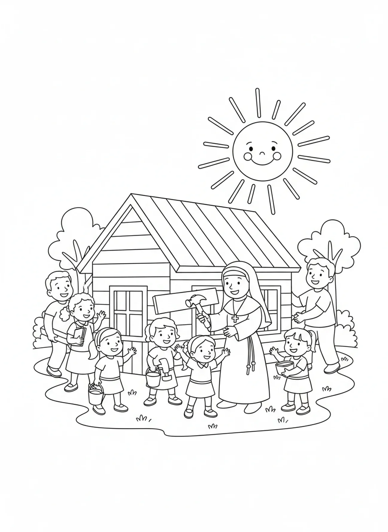 St. Katharina Drexel beim Bau eines Schulhauses, Ausmalbild von St. Katharina Drexel für Kinder im Alter von 5-10 Jahren.