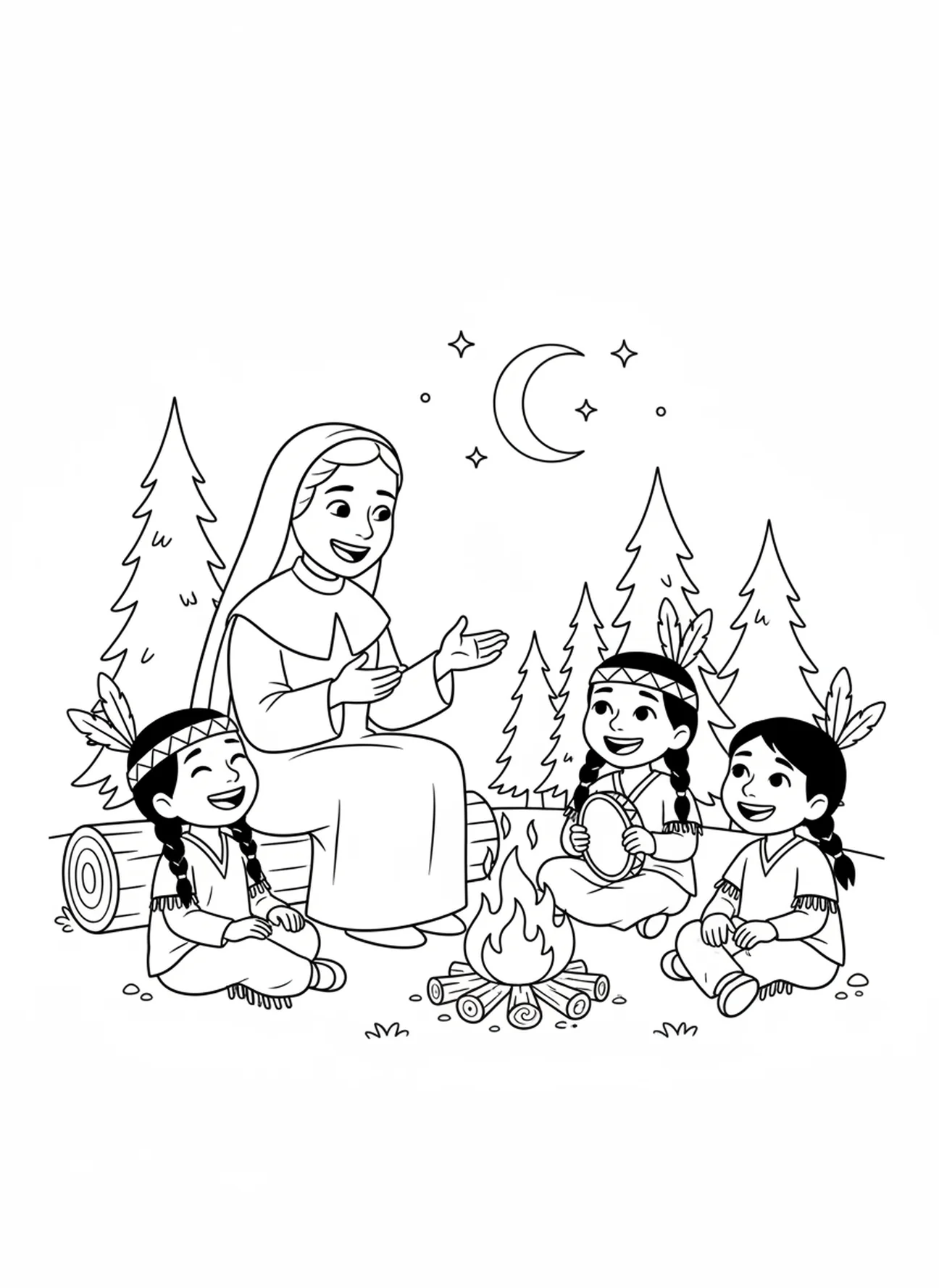 Hl. Katharina Drexel mit einheimischen Kindern, Ausmalbild von Hl. Katharina Drexel für Kinder im Alter von 5-10 Jahren.