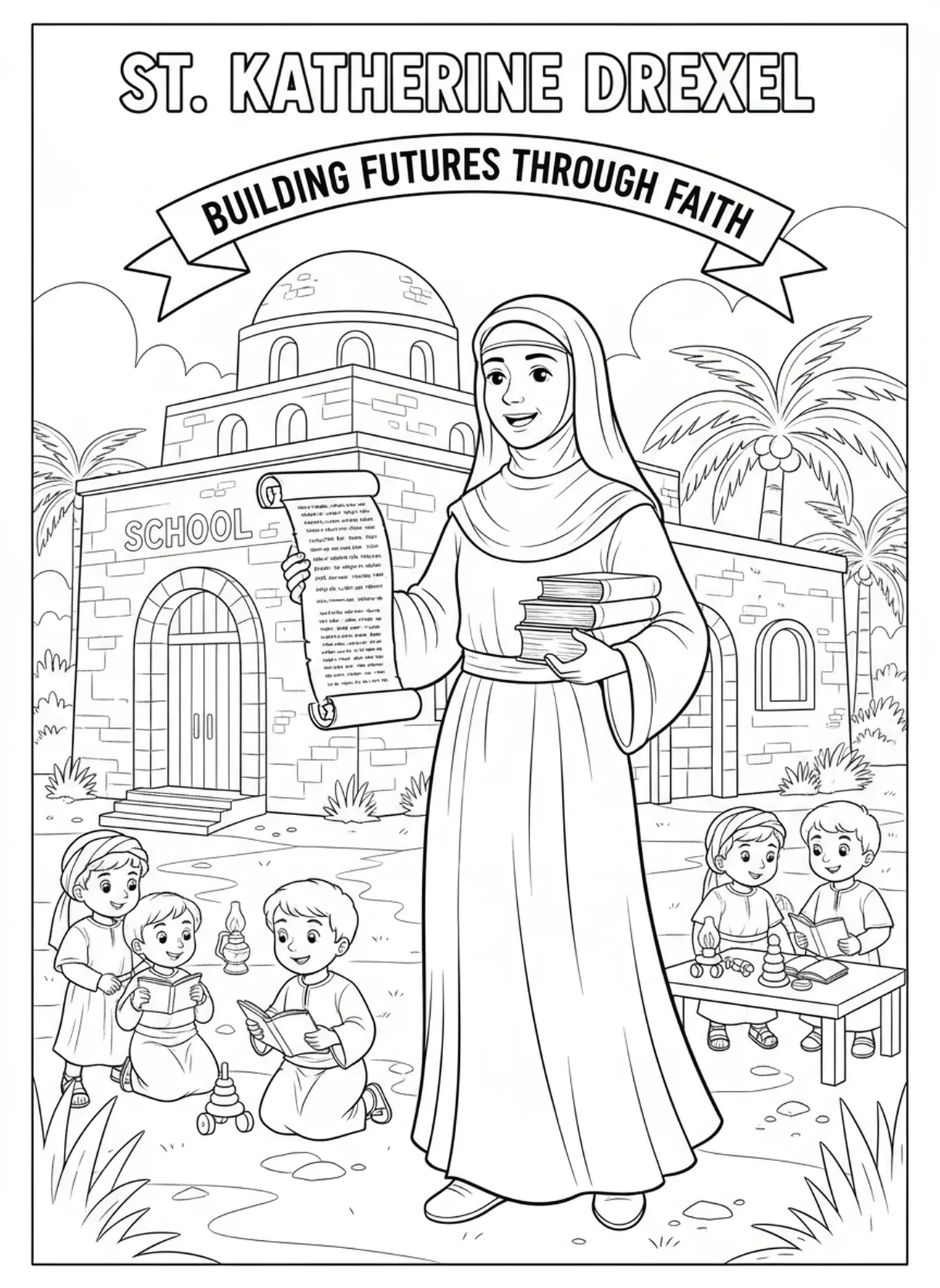 St. Katharina gründet eine Schule, Ausmalbild von St. Katharina Drexel für die Sonntagsschule für Kinder im Alter von 5-12 Jahren.