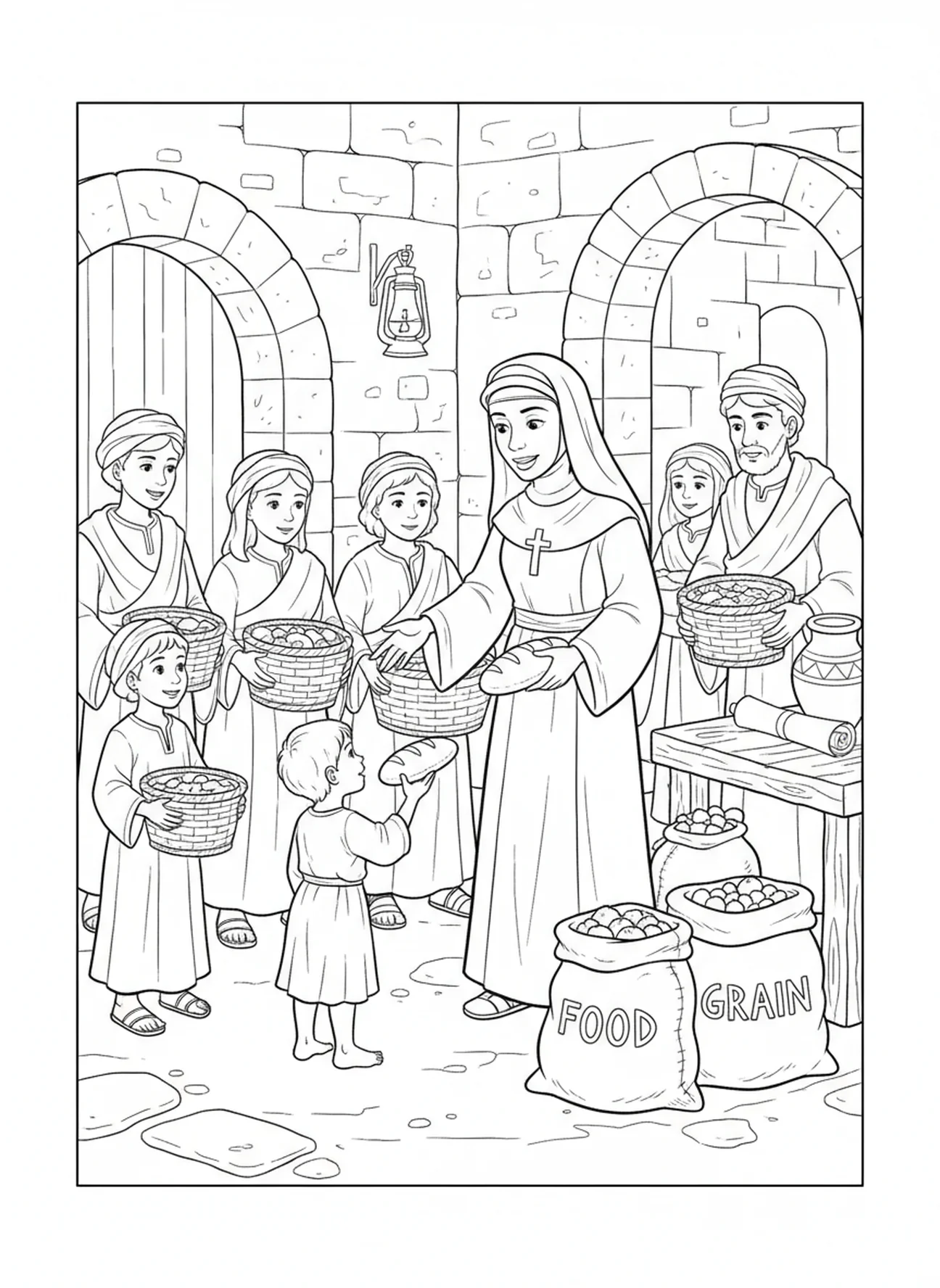 St. Katharina hilft den Bedürftigen, Ausmalbild von St. Katharina Drexel für die Sonntagsschule für Kinder im Alter von 5-12 Jahren.
