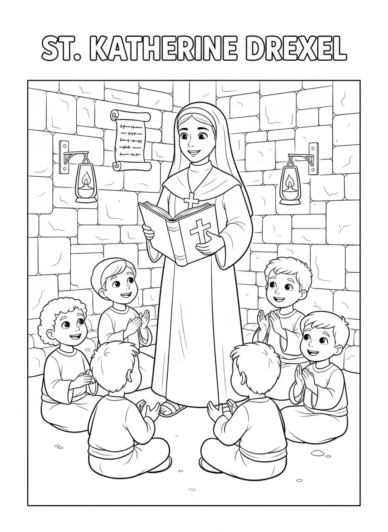 St. Katharina unterrichtet Kinder, Ausmalbild von St. Katharina Drexel für die Sonntagsschule für Kinder im Alter von 5-12 Jahren.