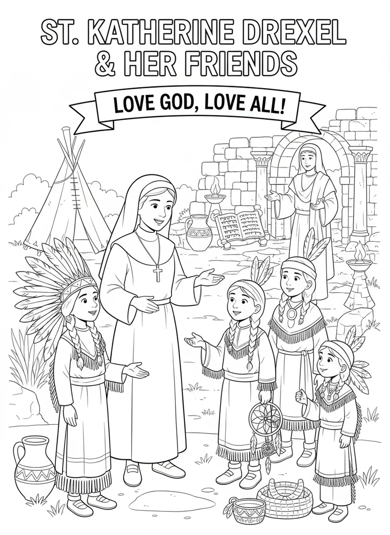 St. Katharina mit Ureinwohnern, Ausmalbild von St. Katharina Drexel für Kinder in der Sonntagsschule im Alter von 5-12 Jahren.