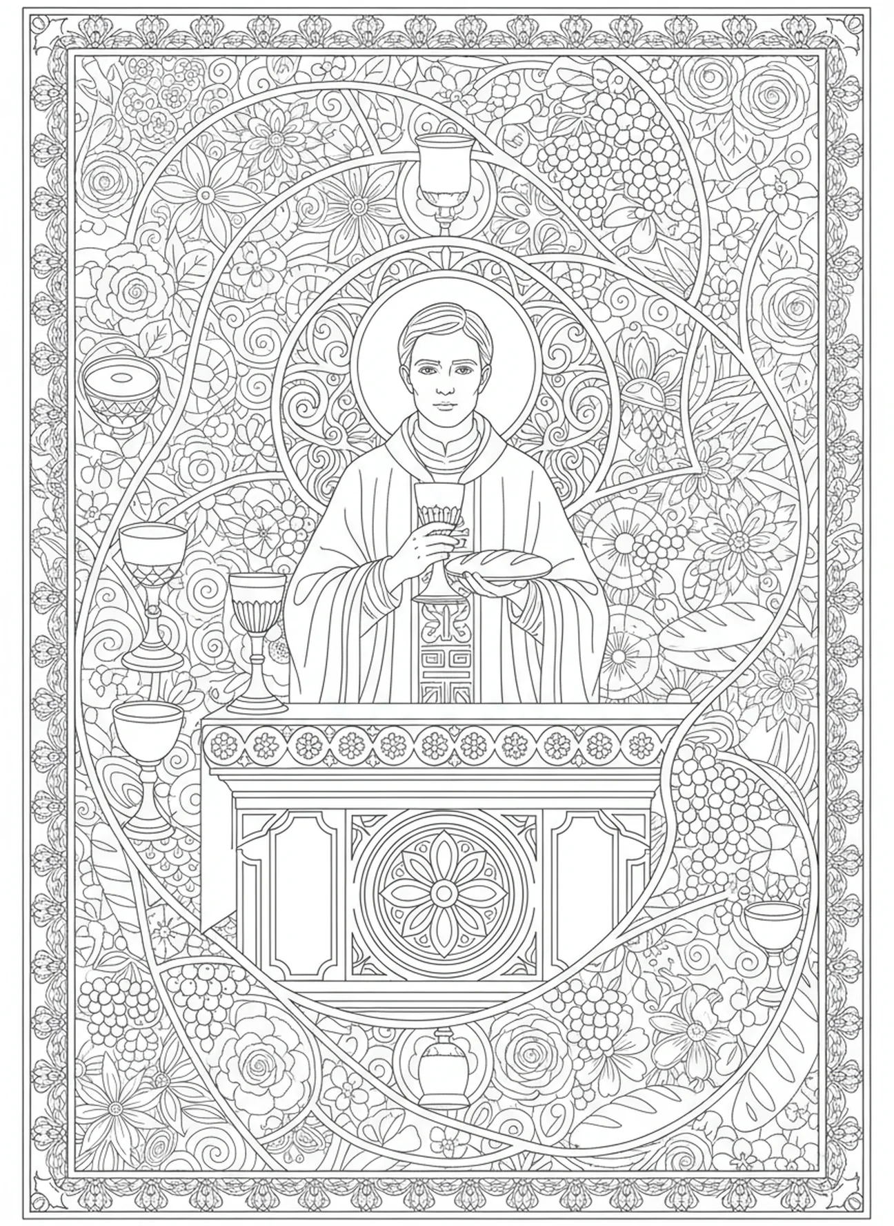 Saint Laurent servant à l'autel, page à colorier Saint Laurent pour adultes dans le style du journal biblique.