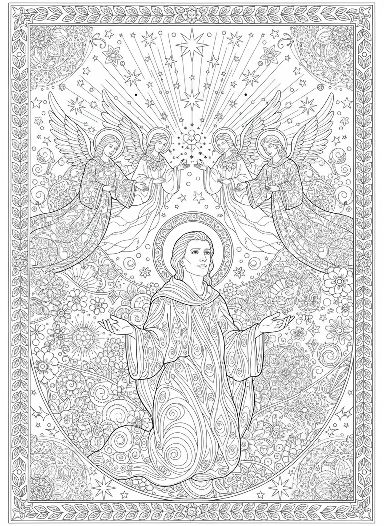 Saint Laurent vivant une vision céleste, page à colorier Saint Laurent pour adultes dans le style du journal biblique.