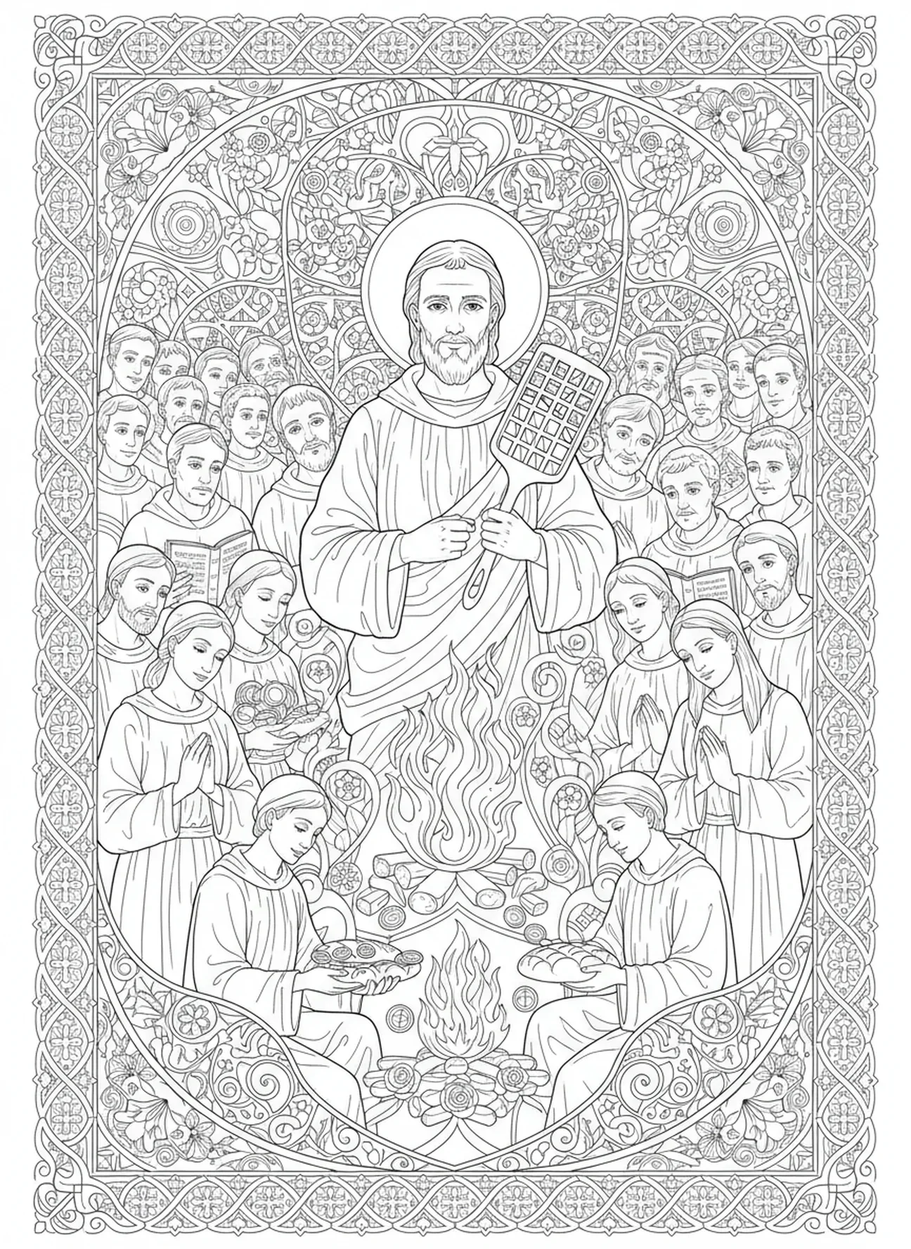 Saint Laurent entouré de fidèles, page à colorier Saint Laurent pour le style de journal biblique pour adultes.