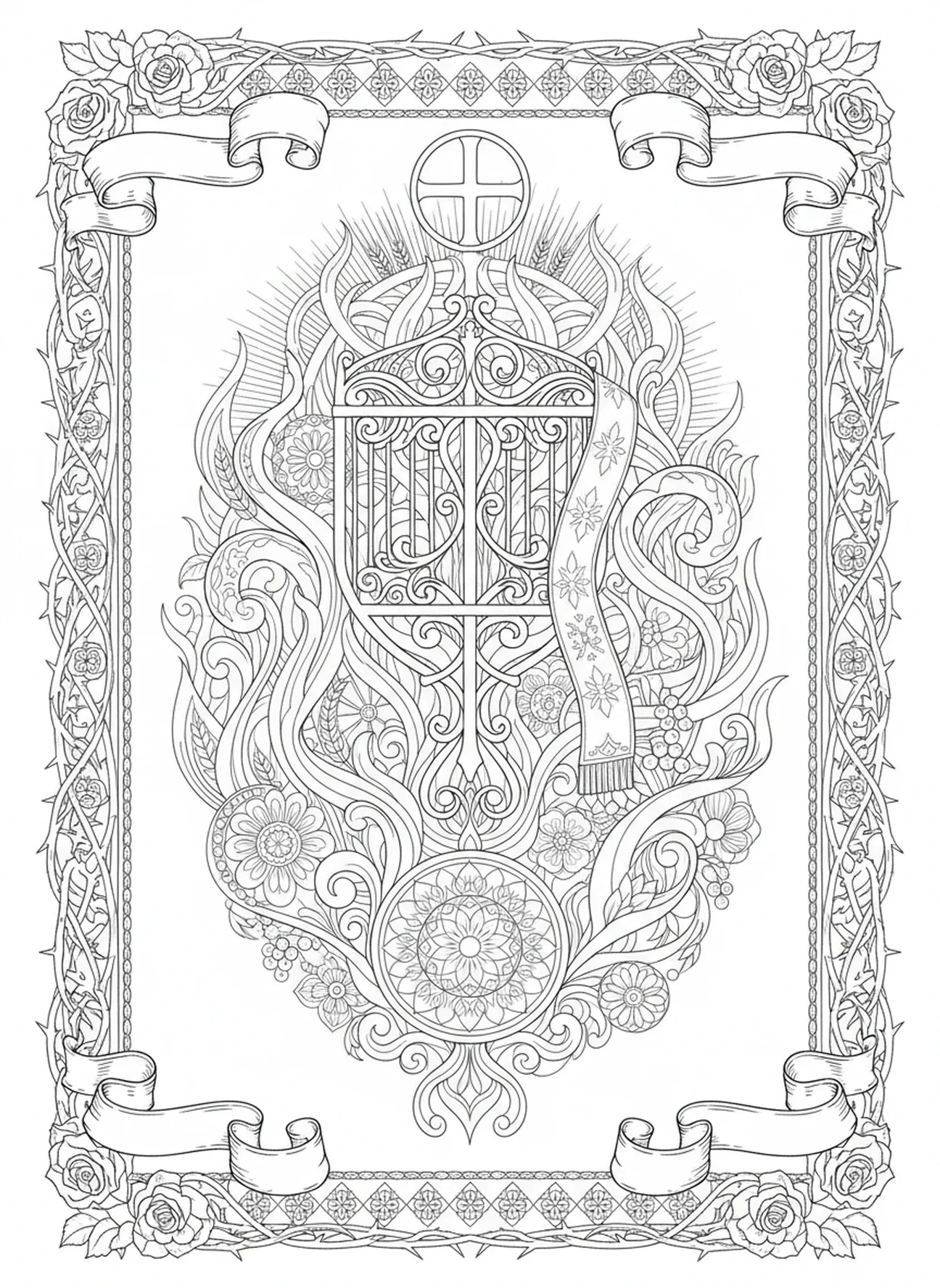 Représentations symboliques du martyre de Saint Laurent, page à colorier Saint Laurent pour le journaling biblique pour adultes.